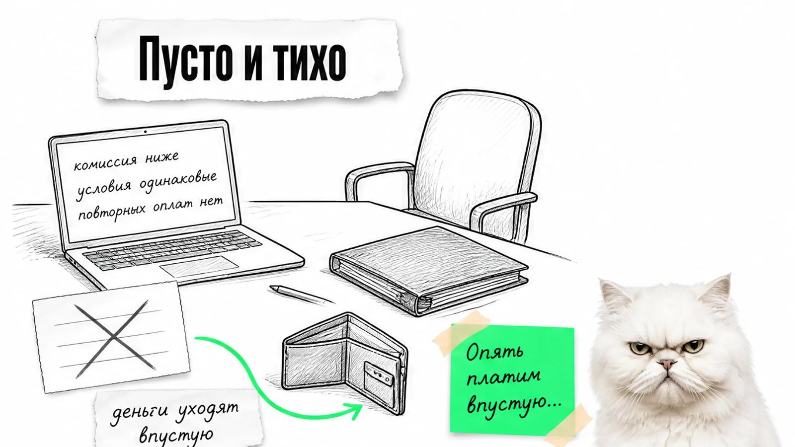 Пустая рабочая комната онлайн-школы с ноутбуком и тарифами, рядом скептичный кот.