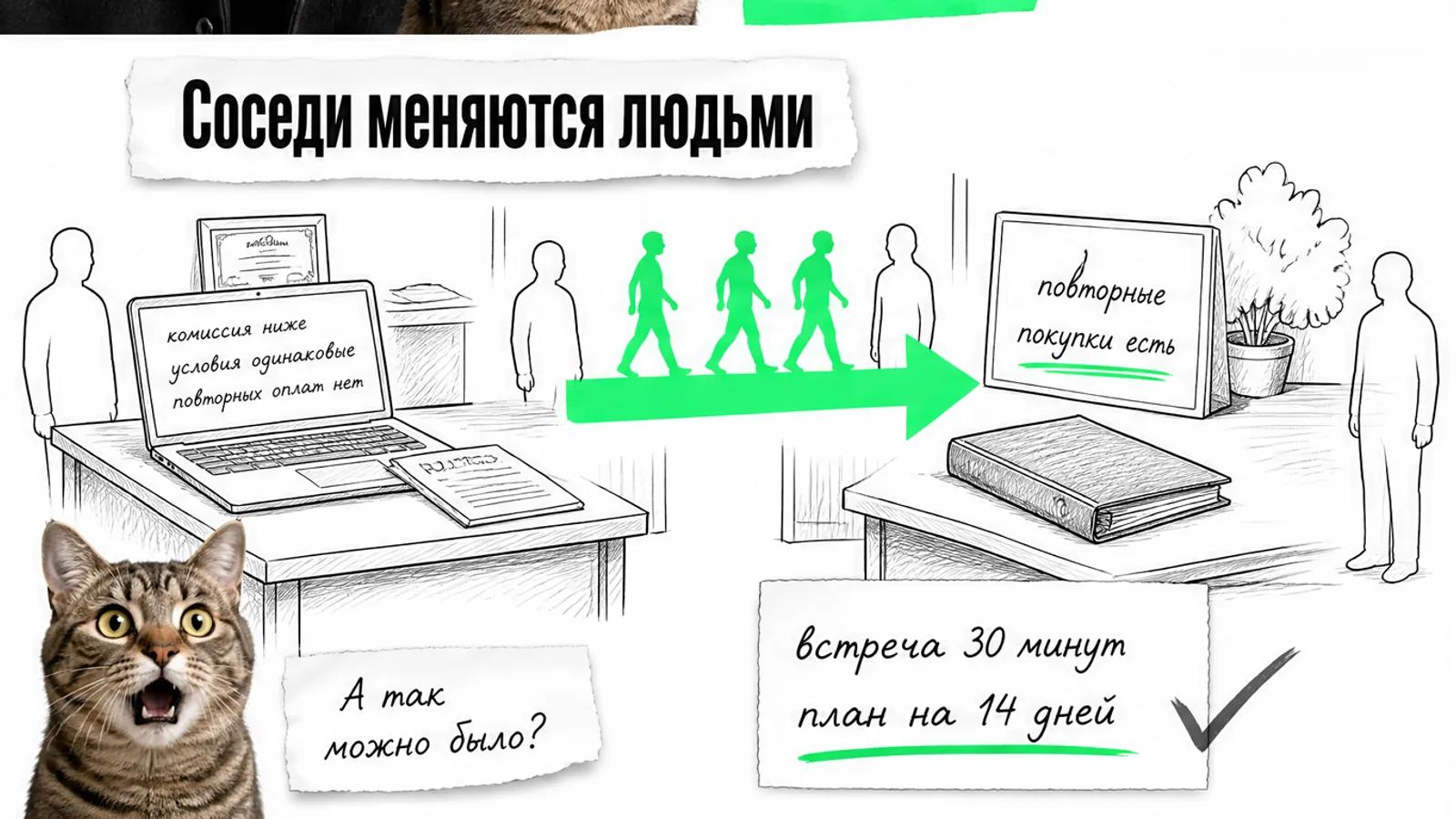 Два соседних бизнеса соединены зелёной стрелкой, по ней идут люди, рядом удивлённый кот.