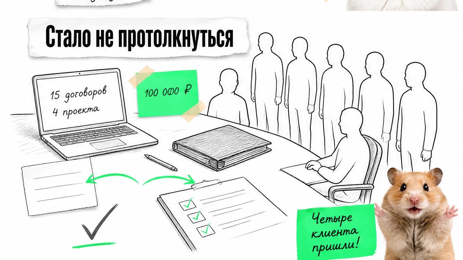 Та же рабочая комната заполнена людьми, рядом торжествующий хомяк и числа результата.