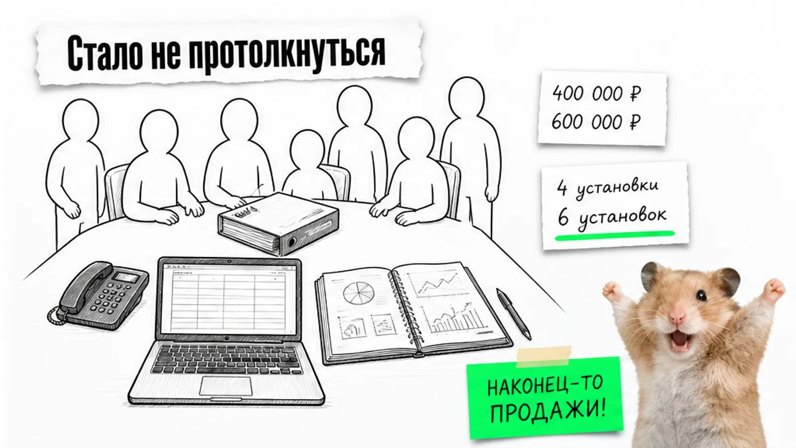 Та же переговорная заполнена людьми, а карточка показывает рост выручки до 600 000 ₽ и шесть установок.
