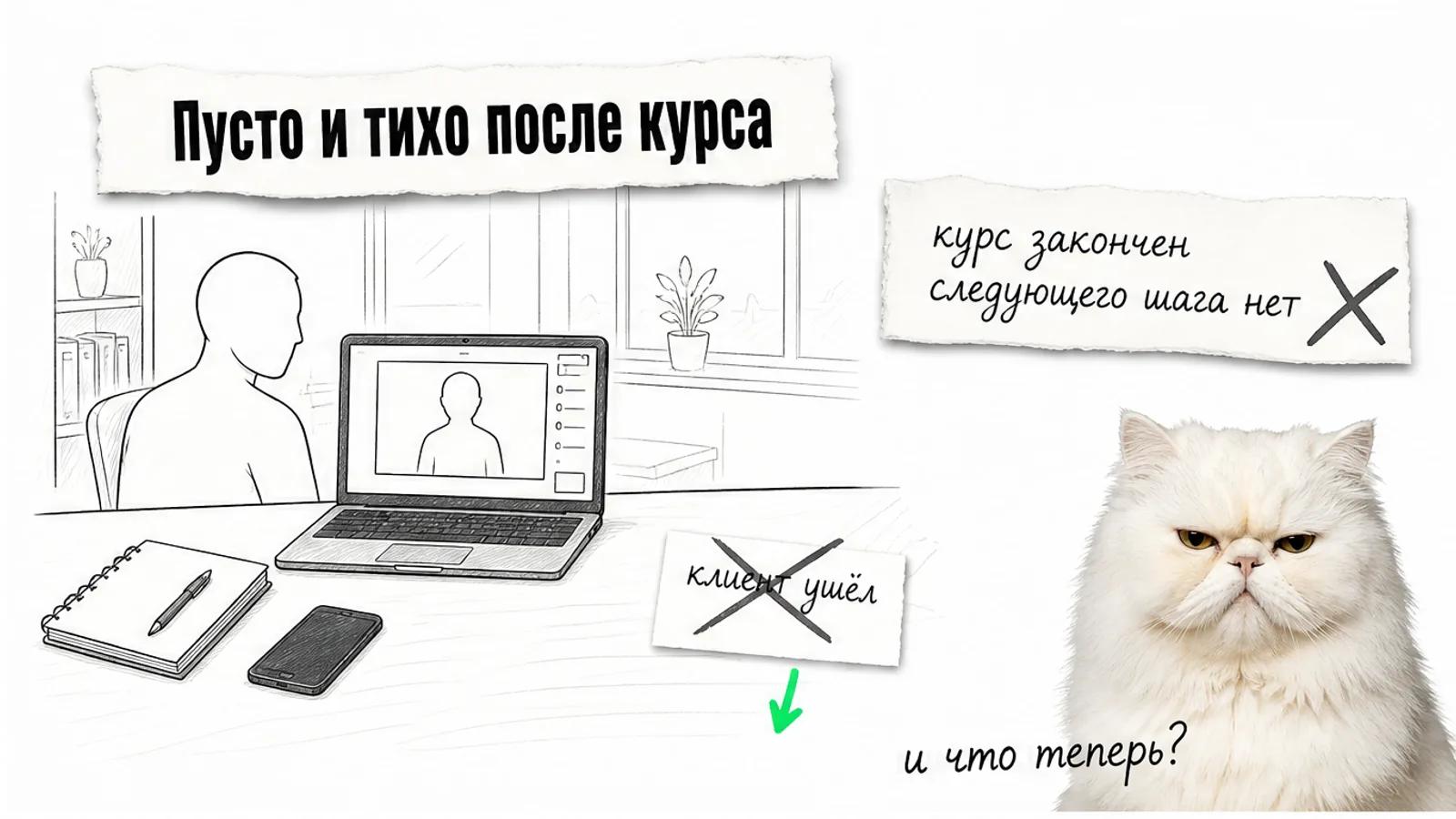 Пустая онлайн-встреча после курса: один силуэт у экрана, рядом скептичный кот.