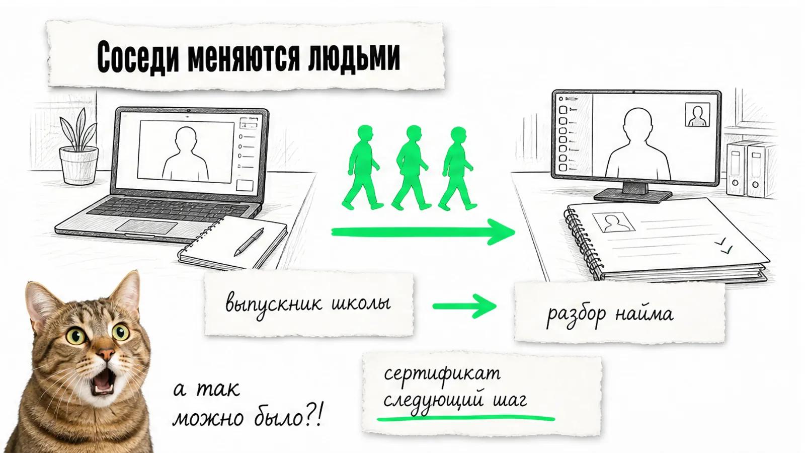 Две соседние компании соединены зелёной стрелкой, между ними движутся силуэты клиентов.