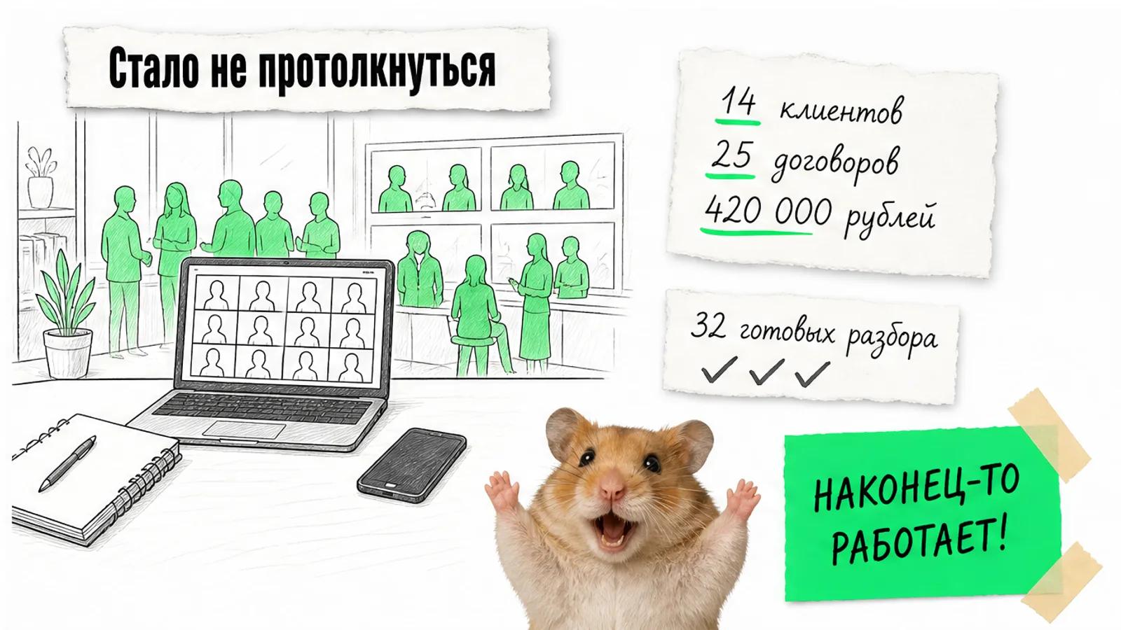 Та же онлайн-встреча теперь заполнена людьми, рядом показаны 14 клиентов и 25 договоров.