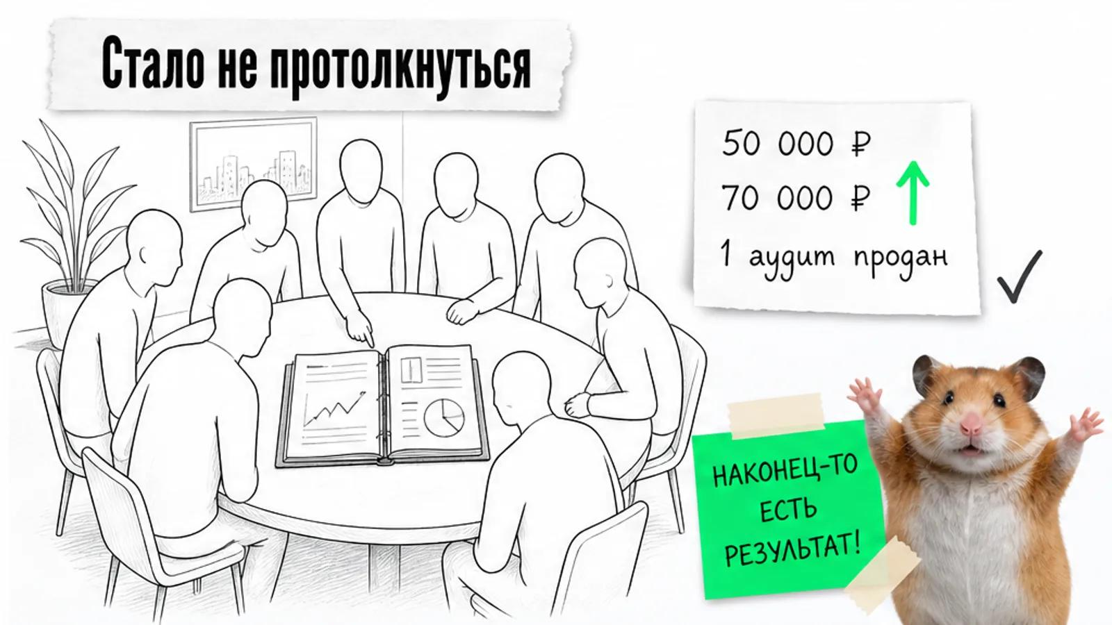 Та же переговорная заполнена людьми, рядом отчёт и числа роста, кот торжественно поднимает лапы