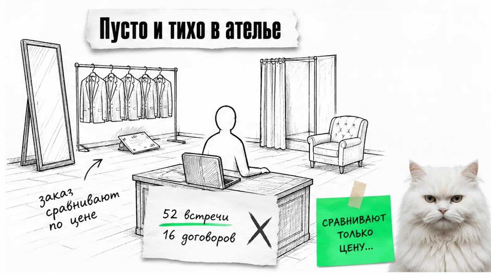 Пустой зал ателье с костюмом, зеркалом и одним силуэтом клиента, рядом скептичный кот.