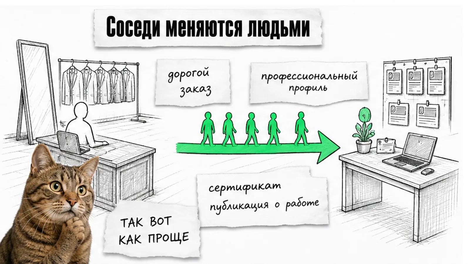 Шоурум ателье и офис рекламы соединены зелёной стрелкой, по ней идут люди, рядом задумчивый кот.