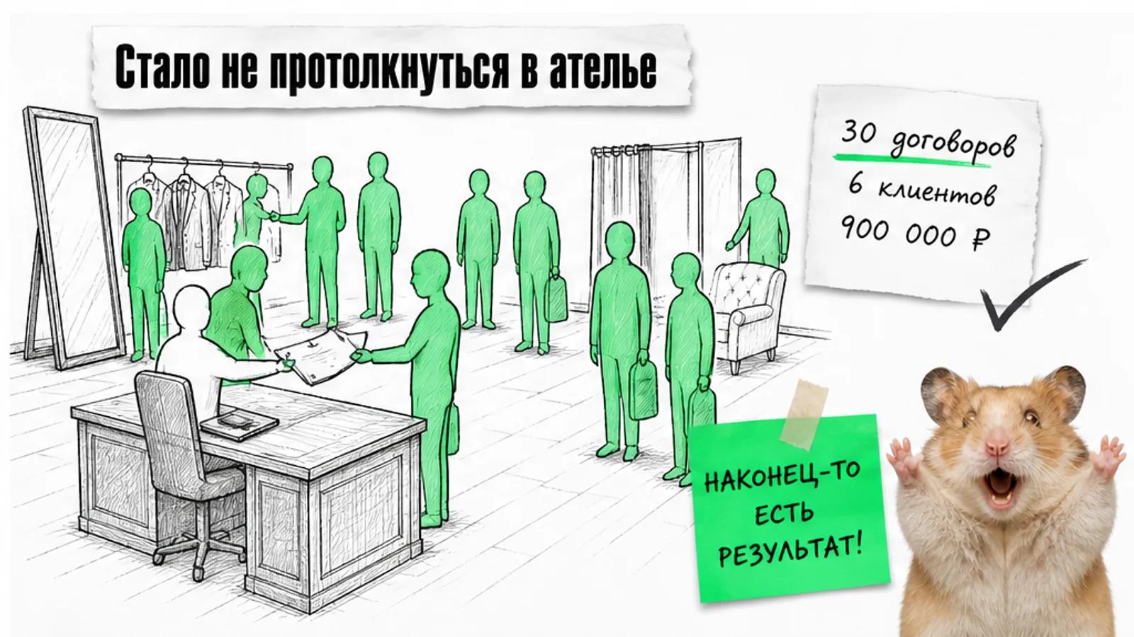 Тот же зал ателье теперь заполнен людьми, рядом показаны 30 договоров и 6 клиентов и торжествующий хомяк.