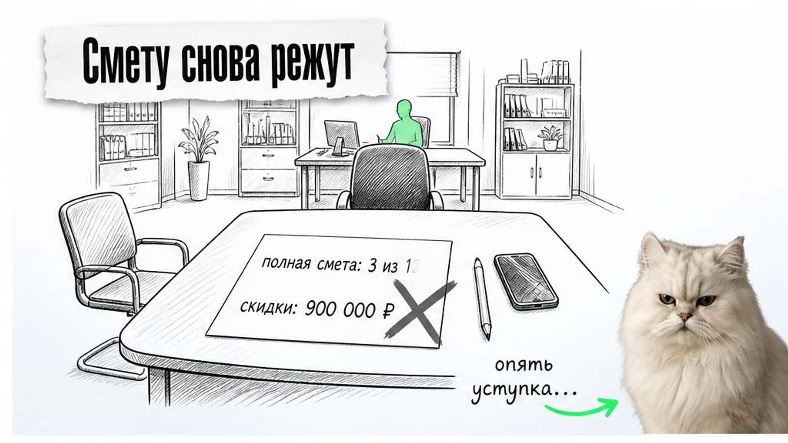 В почти пустом отделе продаж менеджер смотрит на смету со скидкой; рядом скептически настроенный кот.