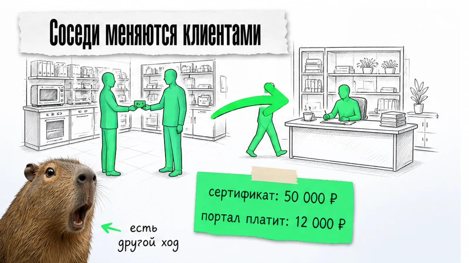 Клиент с сертификатом идёт по зелёной стрелке от подрядчика к редакции портала; рядом удивлённая капибара.