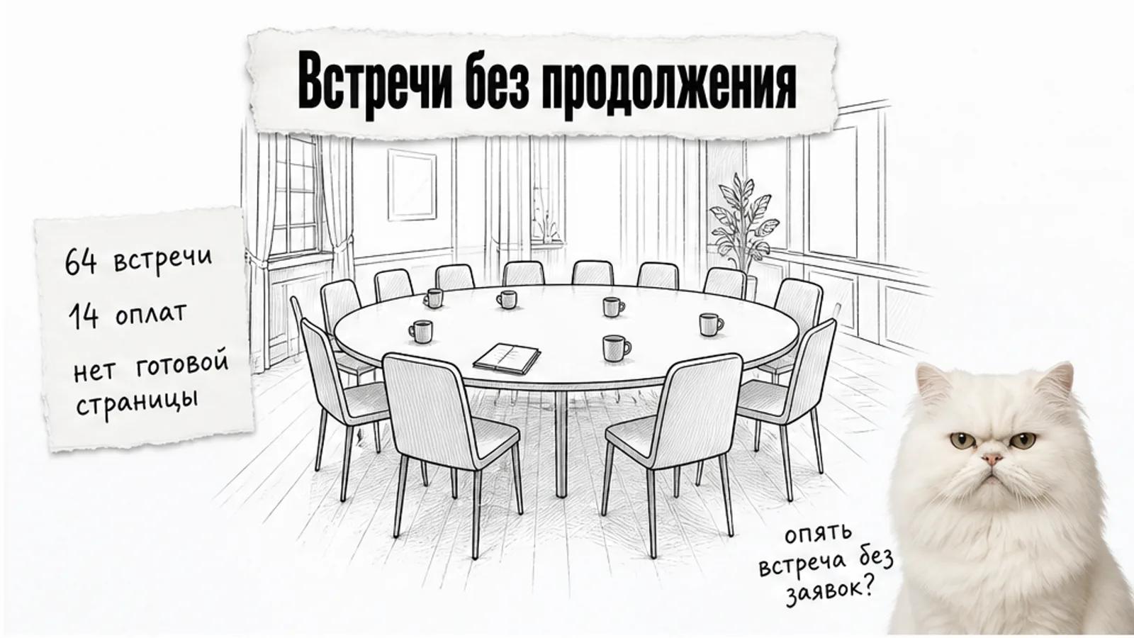 Пустой зал встреч клуба с пустыми стульями и карточкой «64 встречи, 14 оплат».