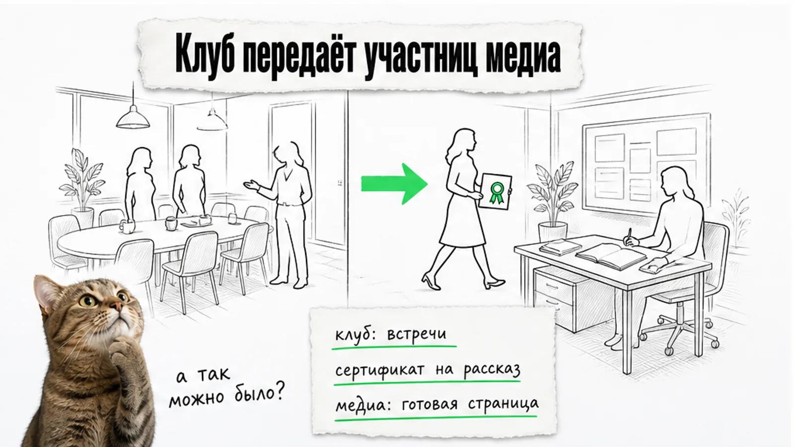 Участница клуба несёт сертификат в редакцию по зелёной стрелке между клубом и медиа.