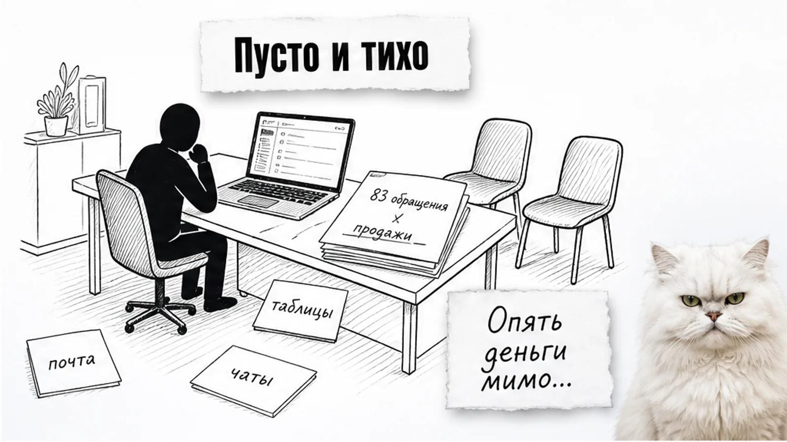 Пустой кабинет онлайн-школы с одним силуэтом у стола, таблицами без результата и скептичным котом.
