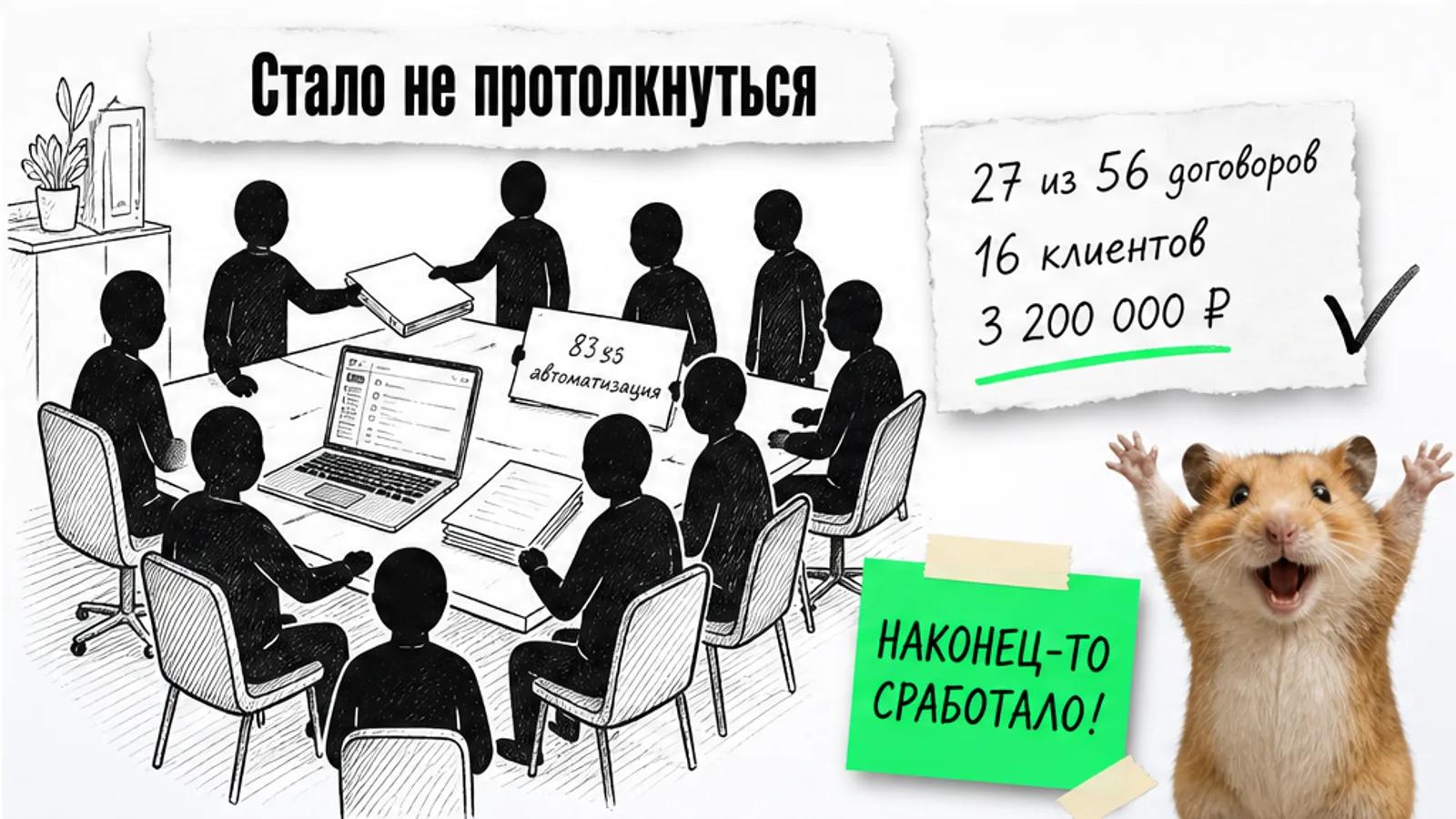 Тот же кабинет теперь заполнен людьми, рядом карточки с результатами и торжествующий хомяк.