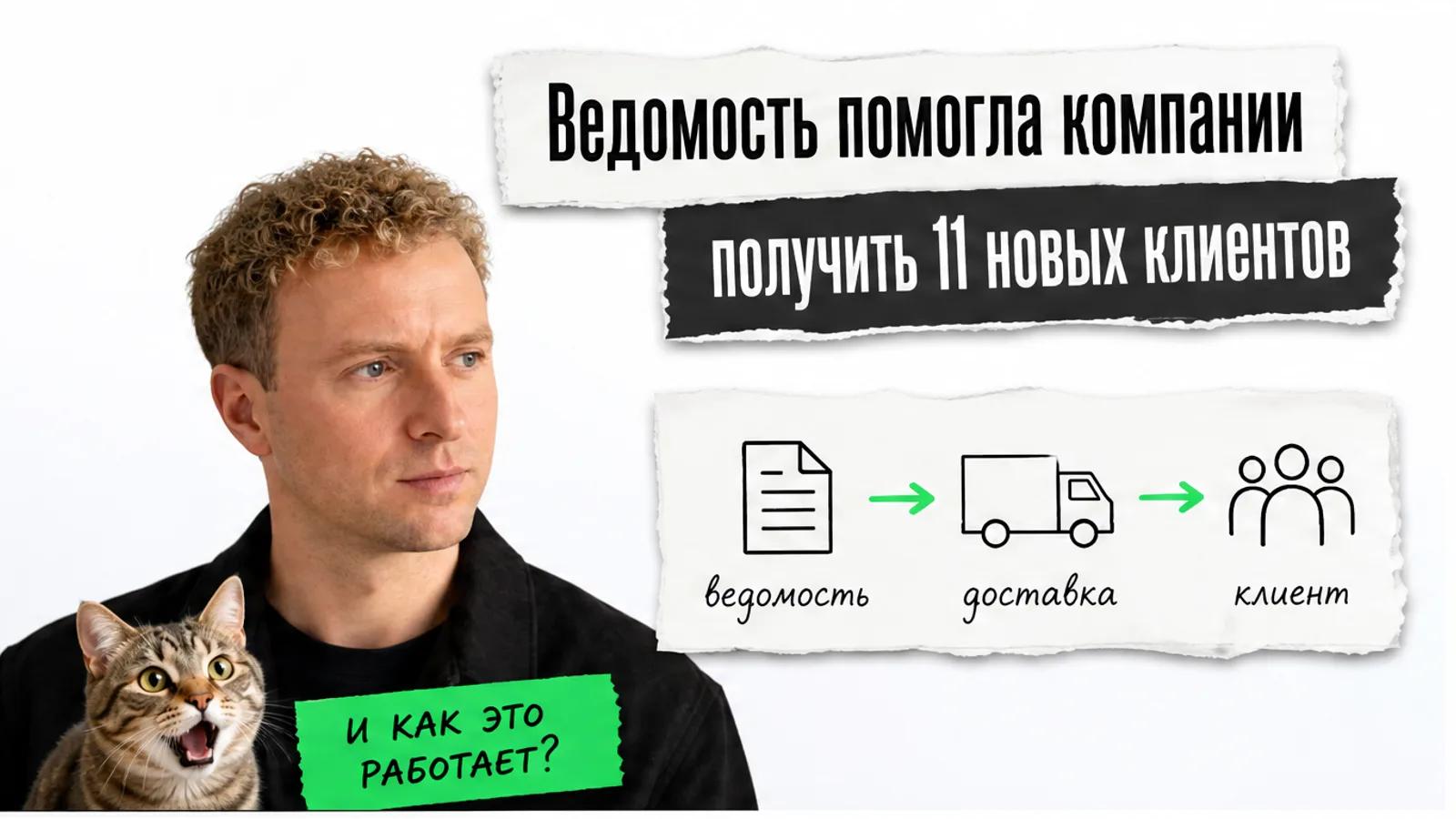 Человек в чёрной одежде смотрит на заголовок и потрясённого кота рядом с карточкой доставки.