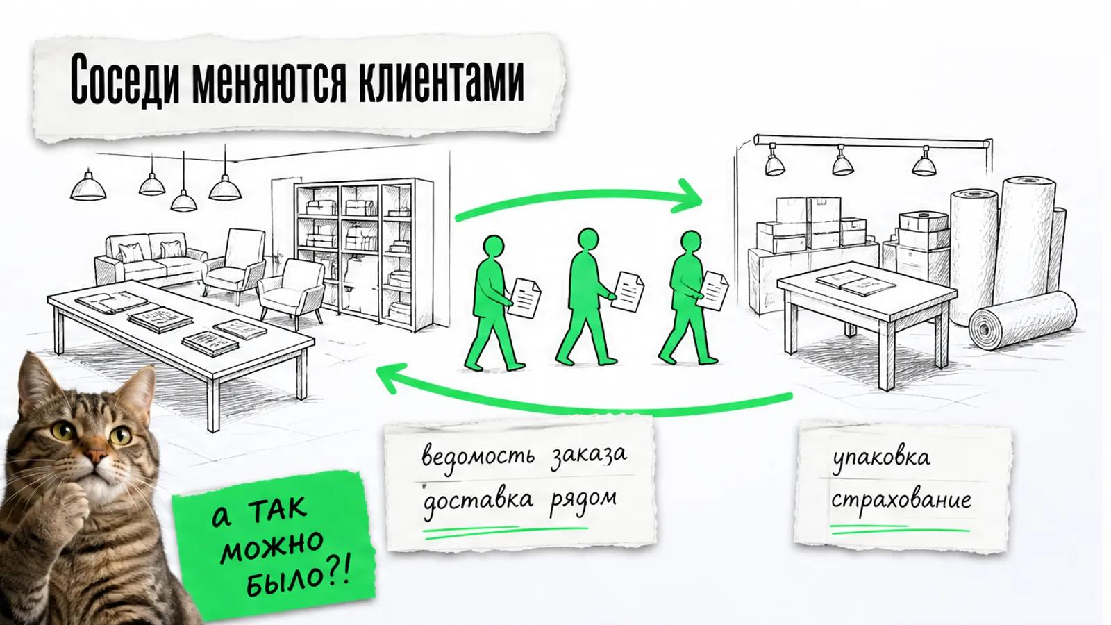 Зона комплектации и перевозки соединены зелёной стрелкой, по которой движутся люди и заказы.