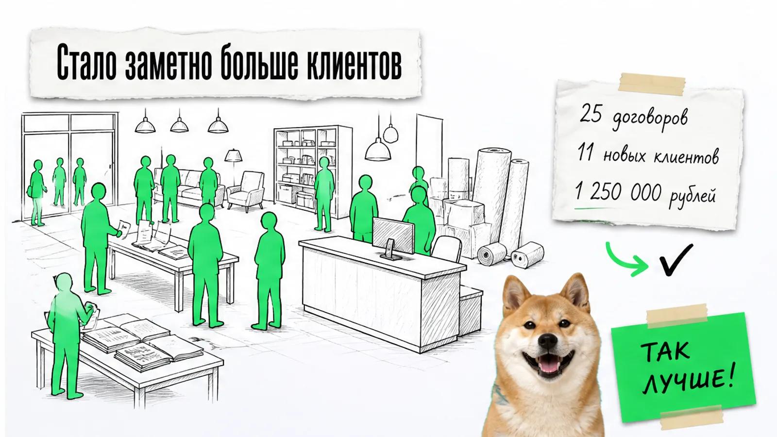 Та же зона приёма теперь заполнена людьми, рядом карточка с 25 договорами и 11 клиентами.