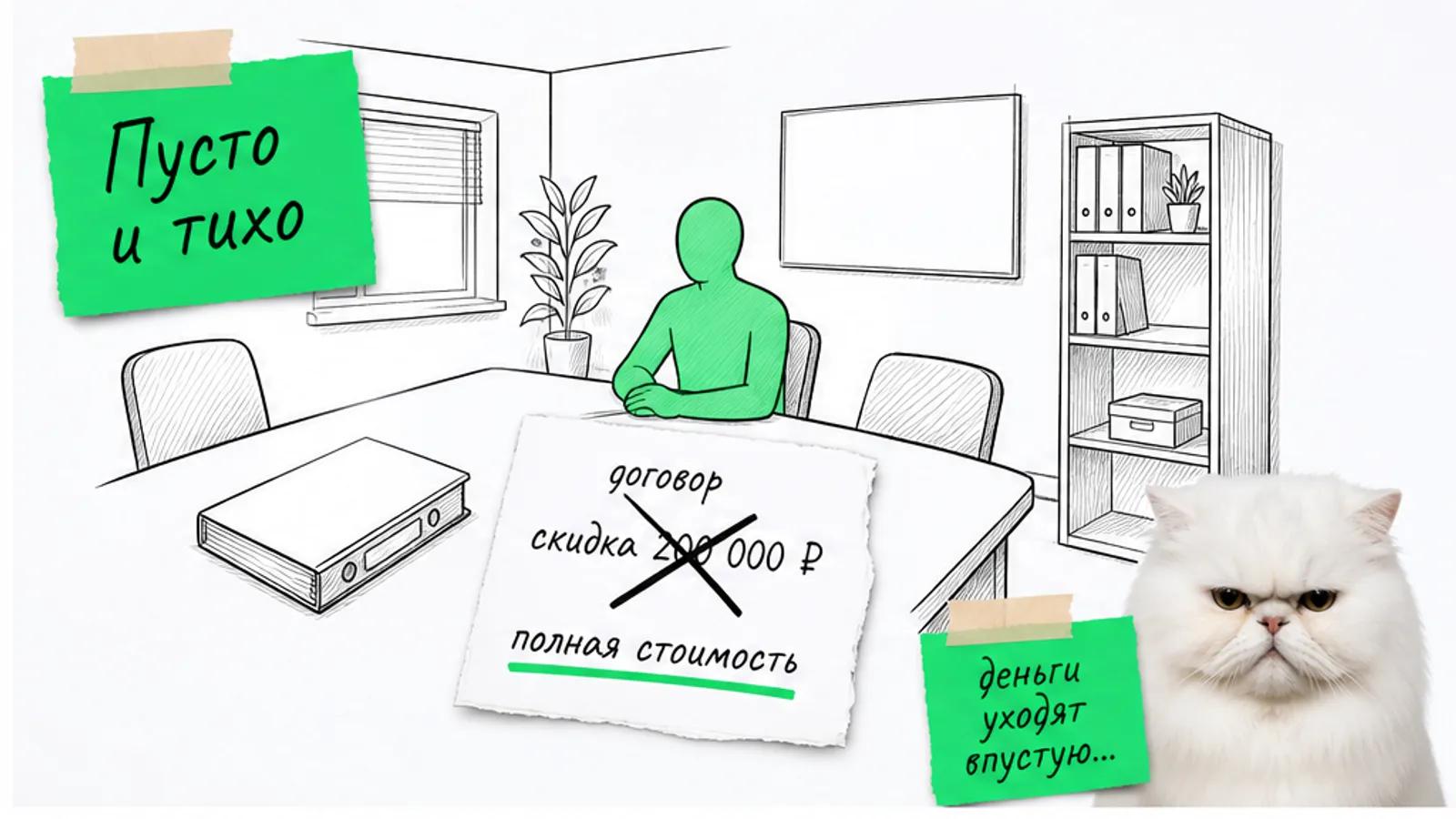 Пустая переговорная агентства с договором и суммой на столе, рядом скептичный кот.