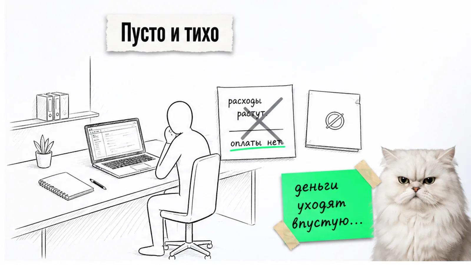 Пустая переговорная, ящик с визитками и скептичный белый кот с репликой о пустом месте