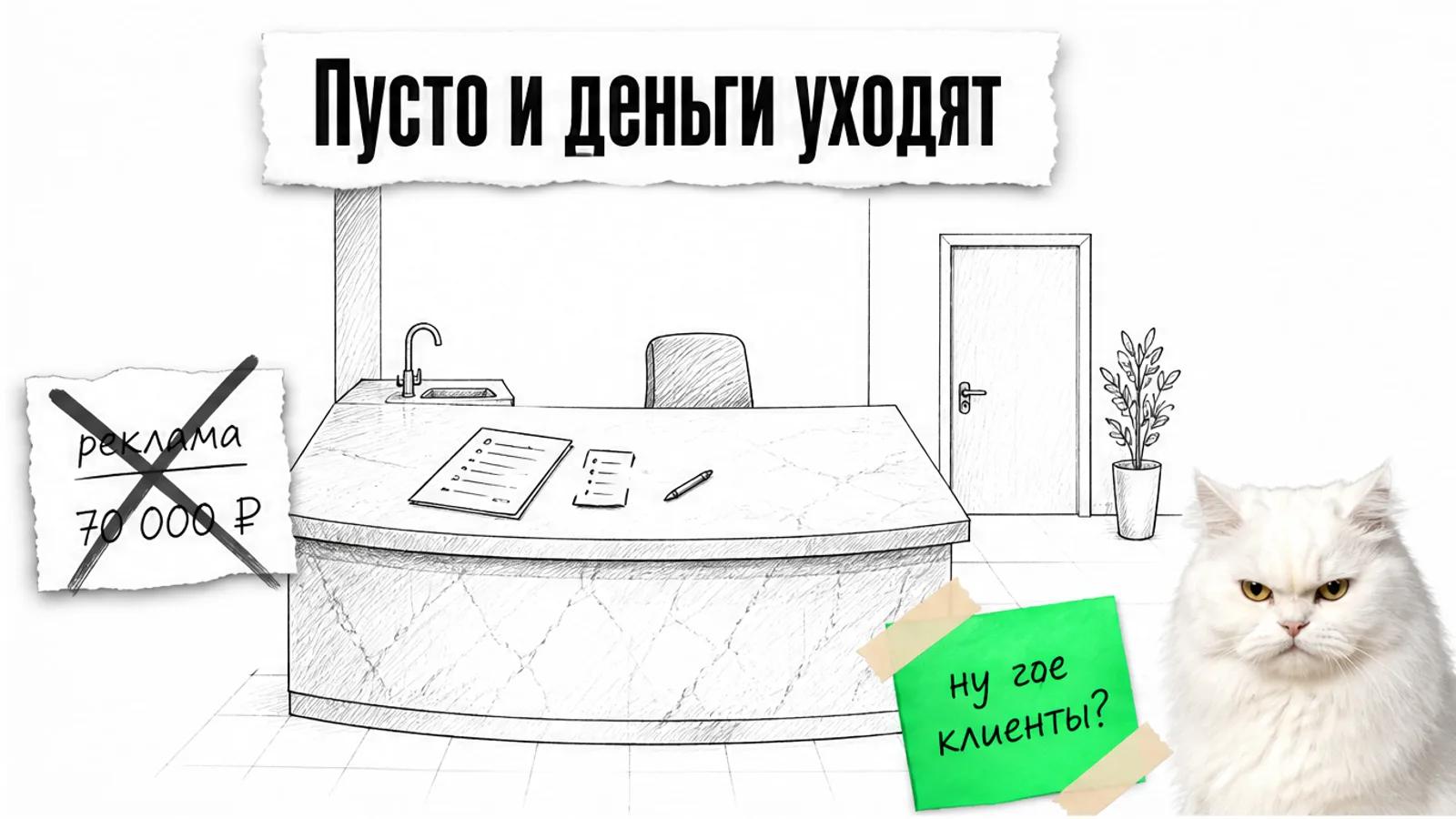 Пустая стойка клиники с каменной столешницей, актом и карточкой расходов, рядом скептичный кот.