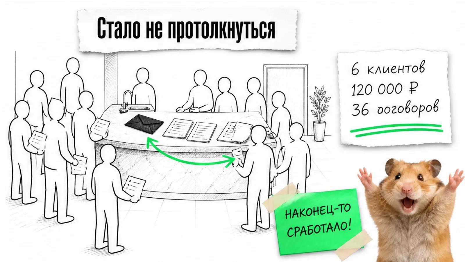 Та же стойка клиники заполнена людьми, рядом торжествующий хомяк и карточка с итоговыми числами.