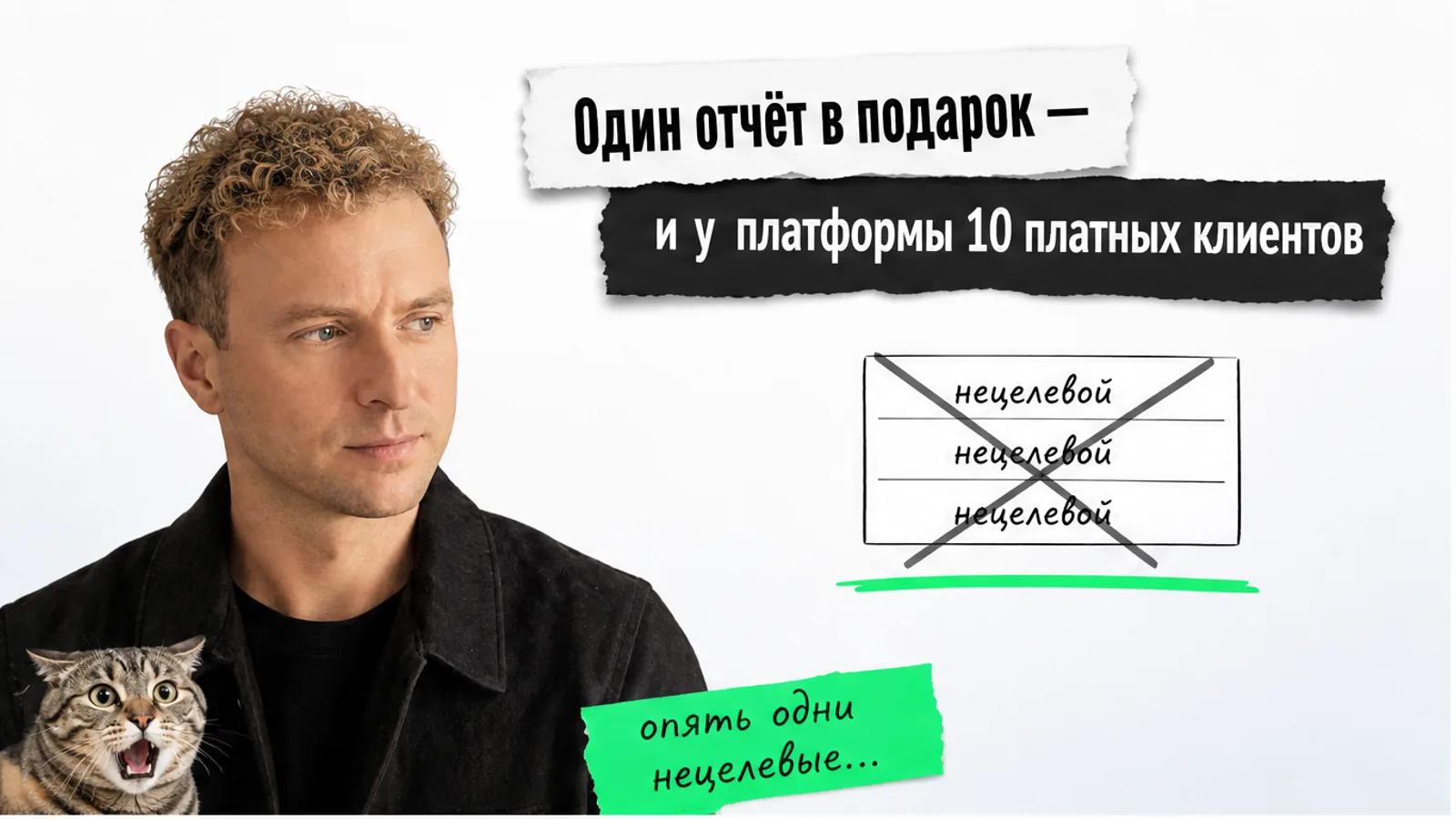 Обложка: эксперт слева смотрит на заголовок про отчёт в подарок, рядом кот с прижатыми ушами