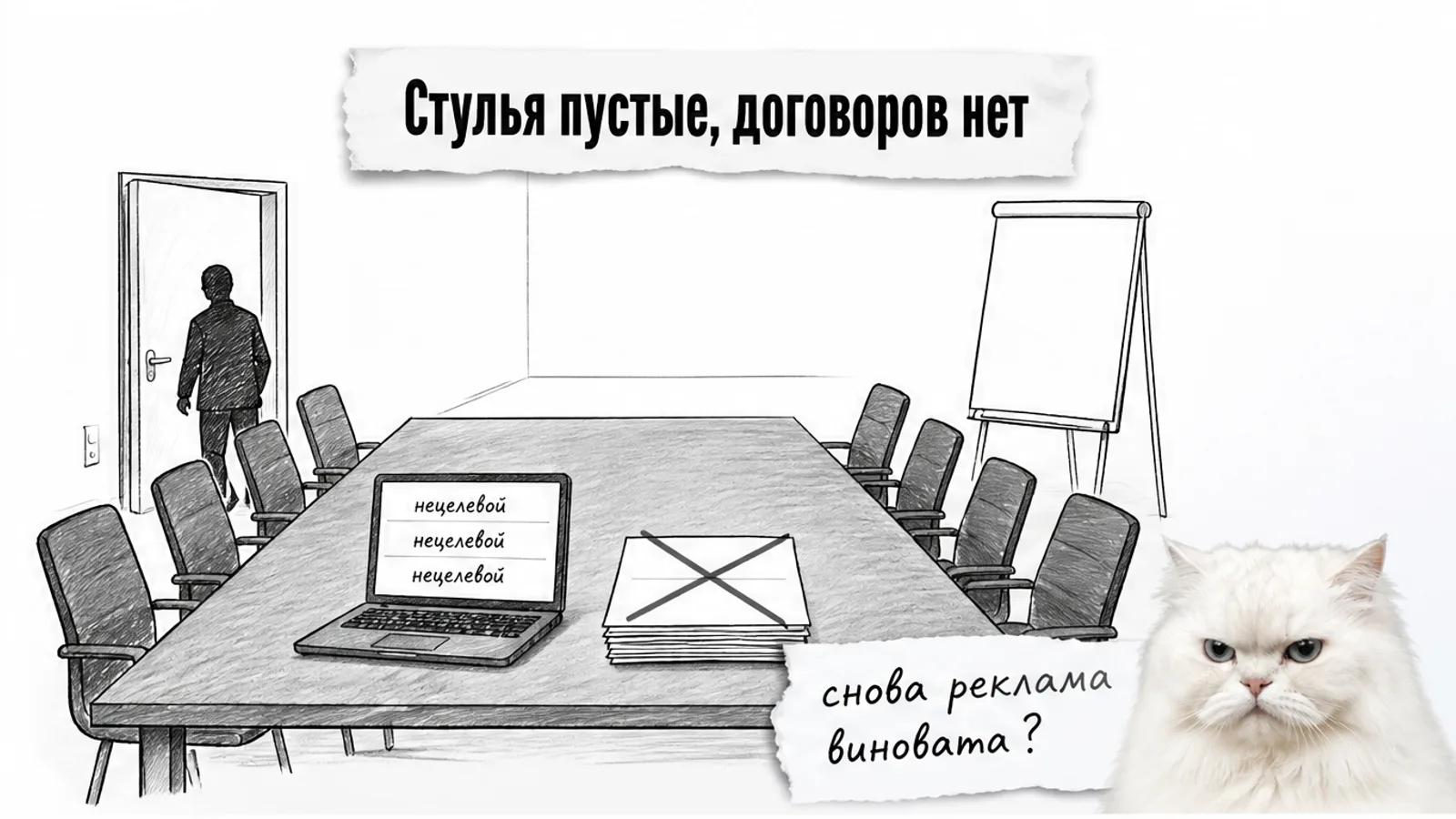 Пустая переговорная, на экране ноутбука заявки помечены «нецелевой», рядом насупленный белый кот