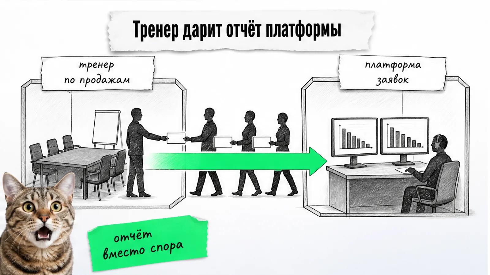 Переговорная тренера и офис платформы, между ними зелёная стрелка с владельцами, рядом удивлённый кот