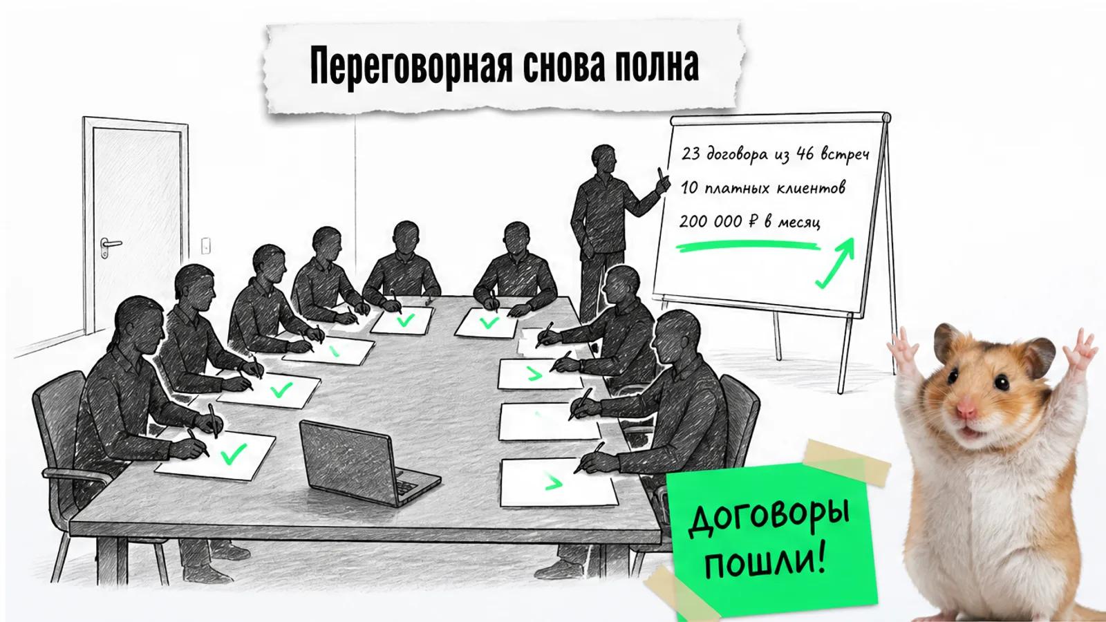 Та же переговорная полна людей, на карточке 23 договора и 10 клиентов, рядом хомяк с поднятыми лапами