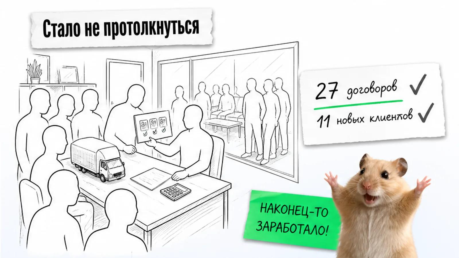 Тот же кабинет теперь полон клиентов, рядом хомяк с поднятыми лапами и числа 27 и 11.