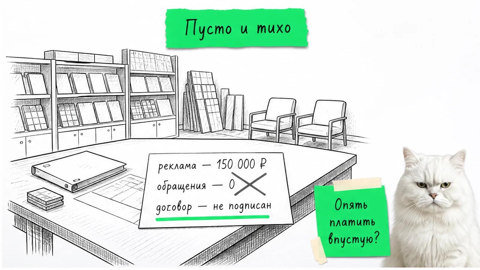 Пустой офис строительных материалов, стол с планом рекламы и кот смотрит скептически.