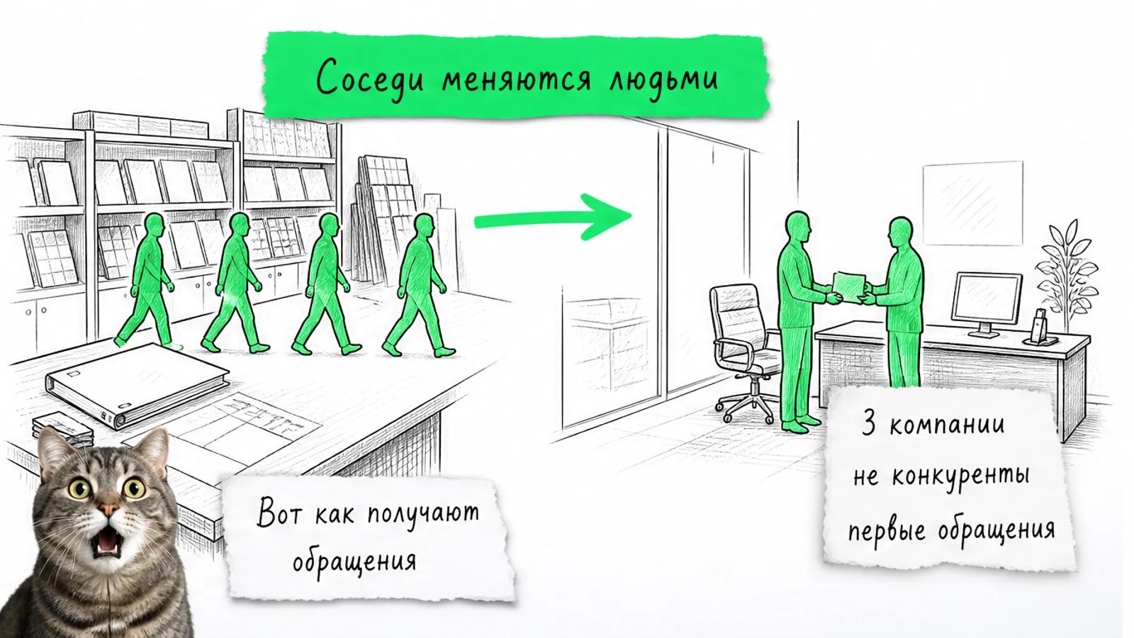 Шоурум и офис платформы соединены зелёной стрелкой, поток силуэтов идёт между ними.