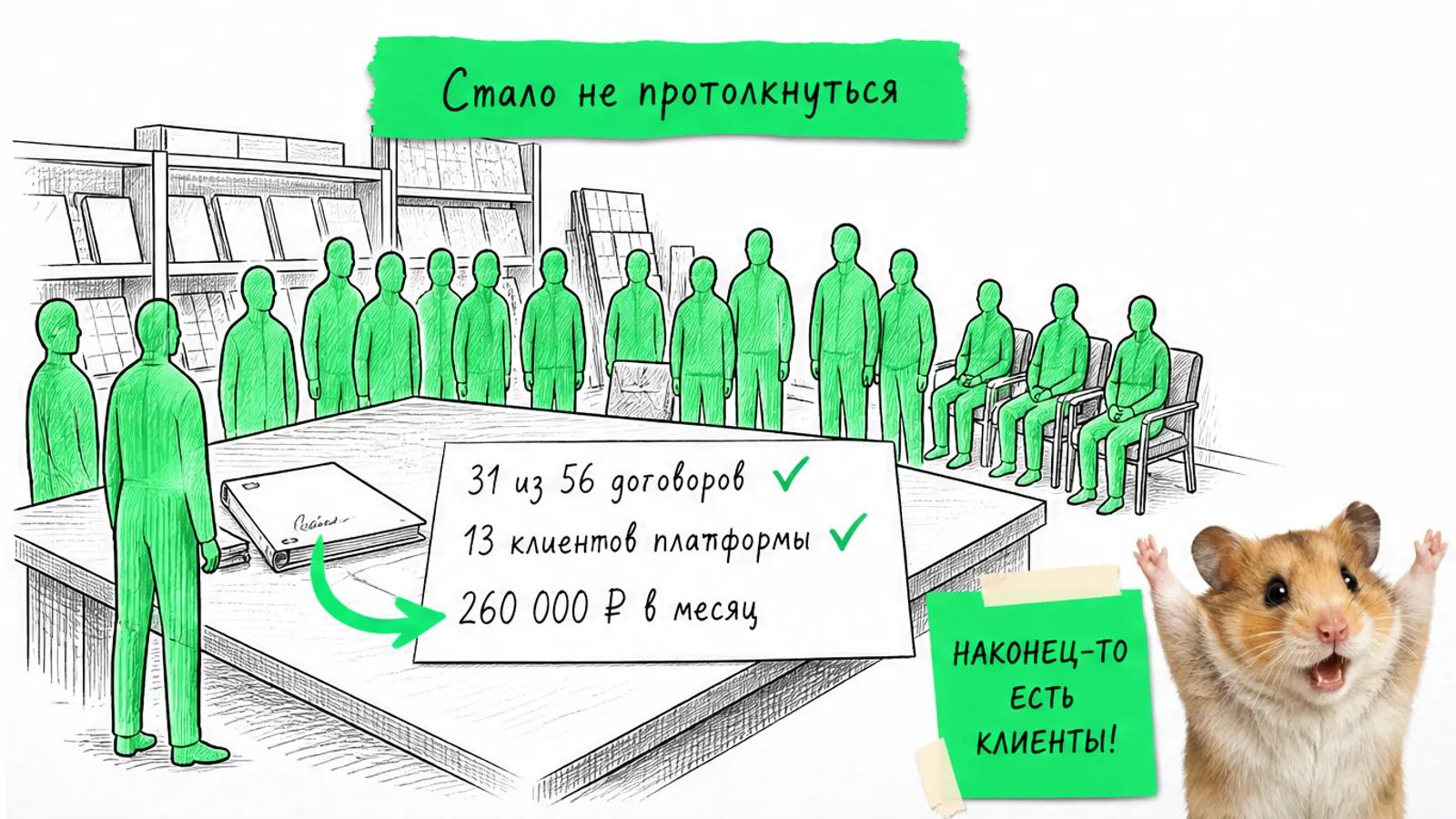 Тот же офис теперь полон посетителей, рядом карточки с числами 31 из 56 и 13 клиентов.