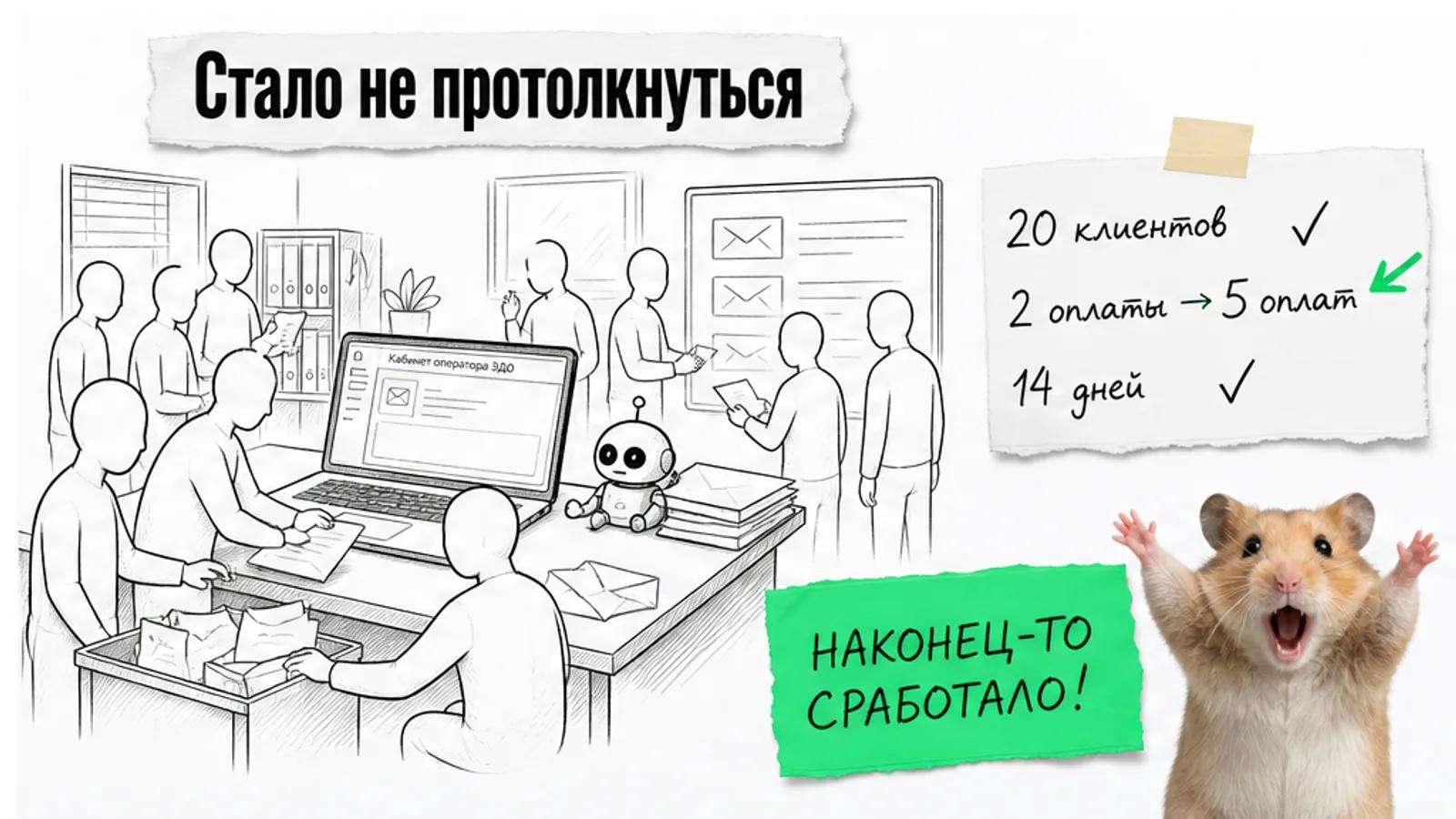 Тот же офис сервиса заполнен людьми, рядом показаны числа от двух до пяти оплат
