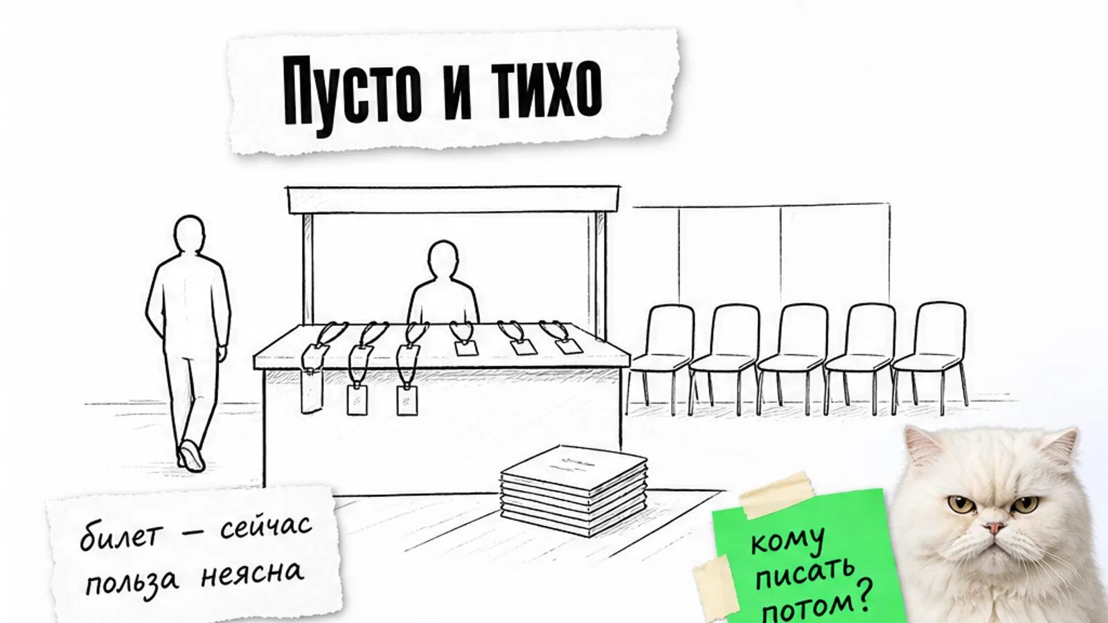 У стойки форума пустые стулья, стопка визиток и один уходящий участник.
