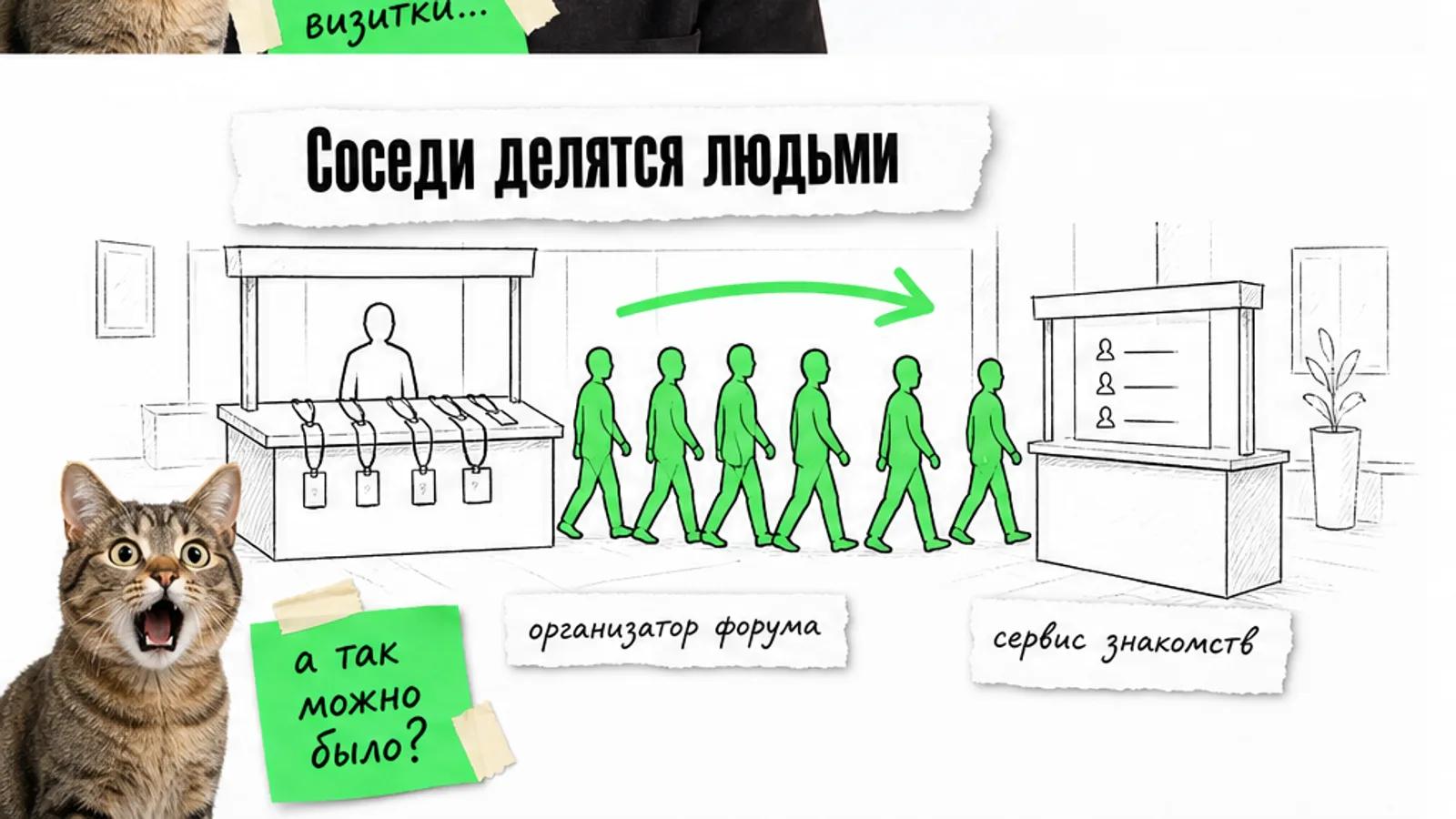 У стойки организатора люди идут по зелёной стрелке к сервису знакомств.