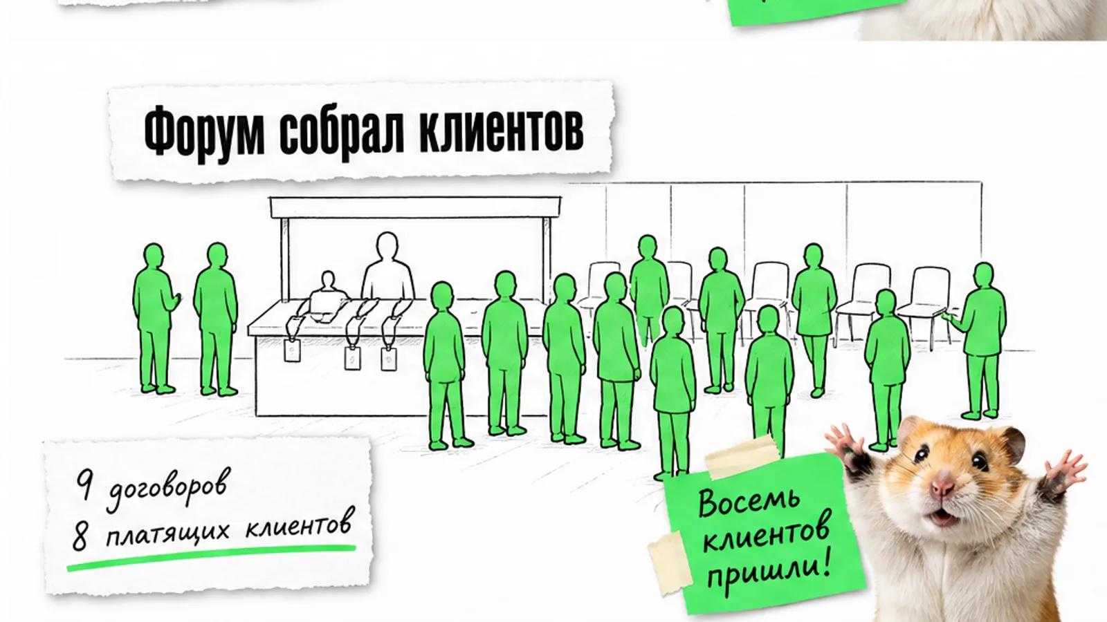 Та же стойка форума заполнена людьми; карточка показывает девять договоров и восемь клиентов.
