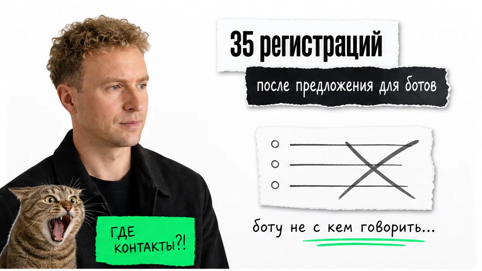 Человек с фотографии смотрит на заголовок о 35 регистрациях, рядом ошарашенный кот и пустой список контактов.
