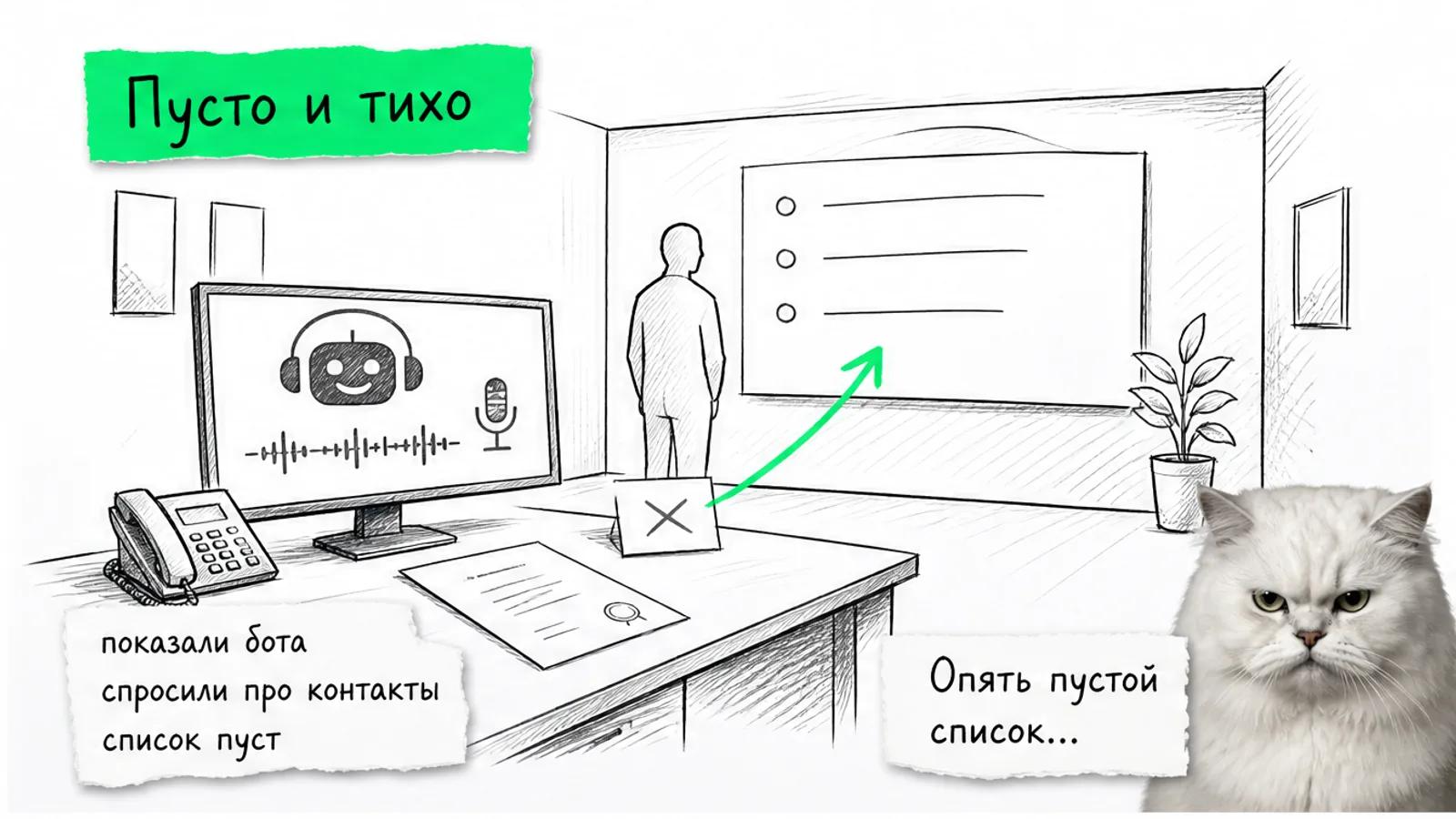 Пустая переговорная с экраном бота и списком контактов без записей, рядом скептичный белый кот.