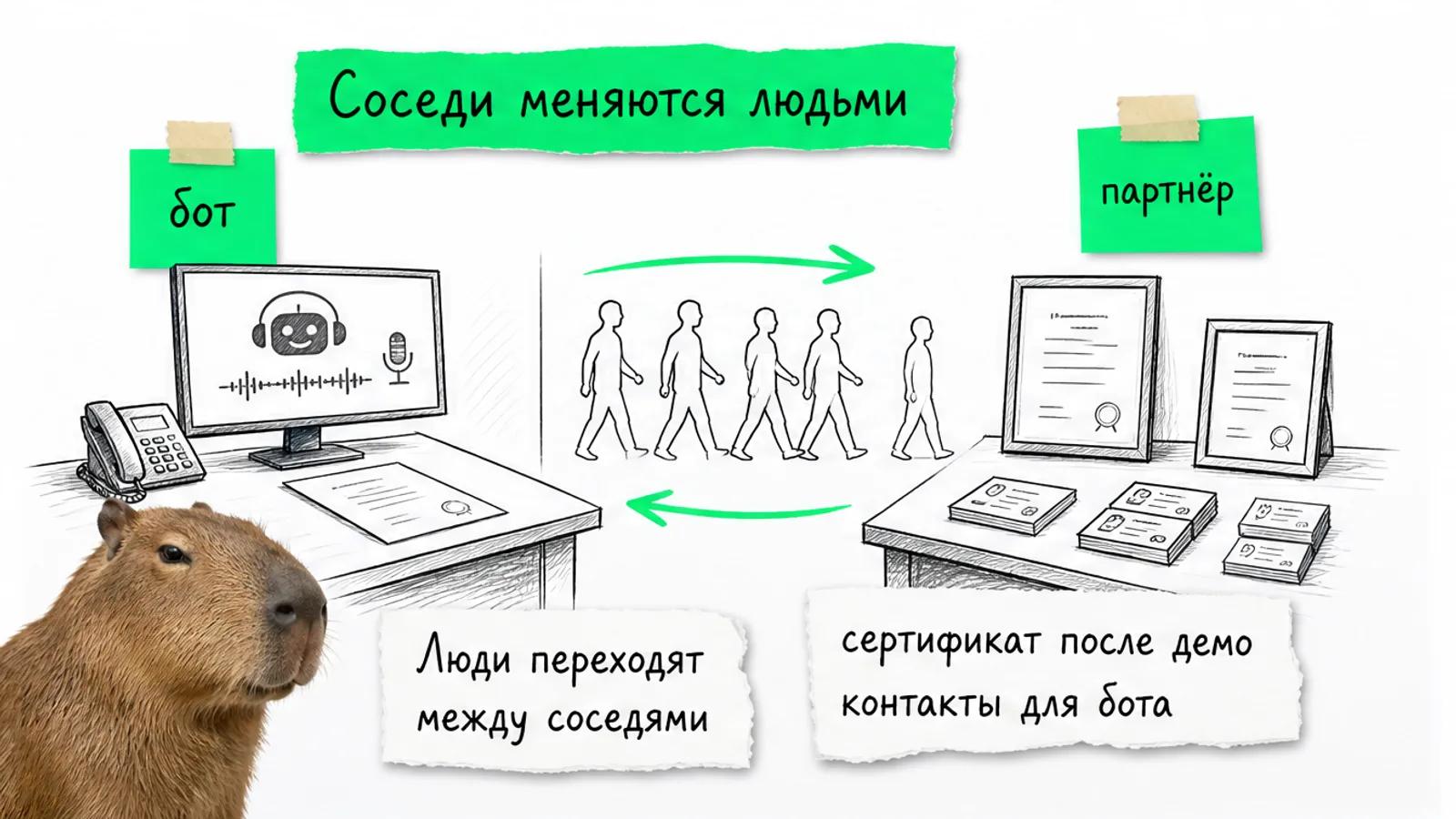 Переговорная двух бизнесов с сертификатом, силуэтами клиентов и зелёной стрелкой между ними.