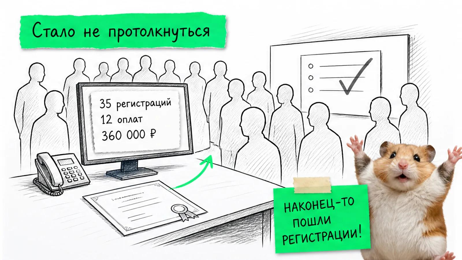 Та же переговорная заполнена людьми, на экране показаны 35 регистраций, 12 оплат и 360 000 ₽.