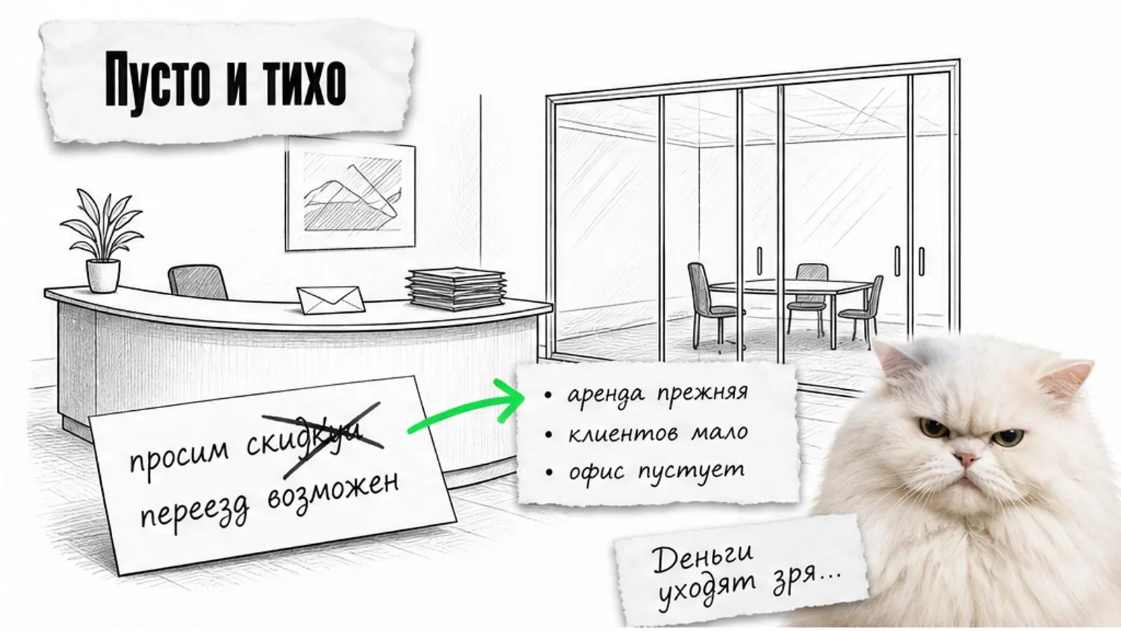 Пустой ресепшен бизнес-центра с одним силуэтом директора, свободным офисом и скептичным котом.