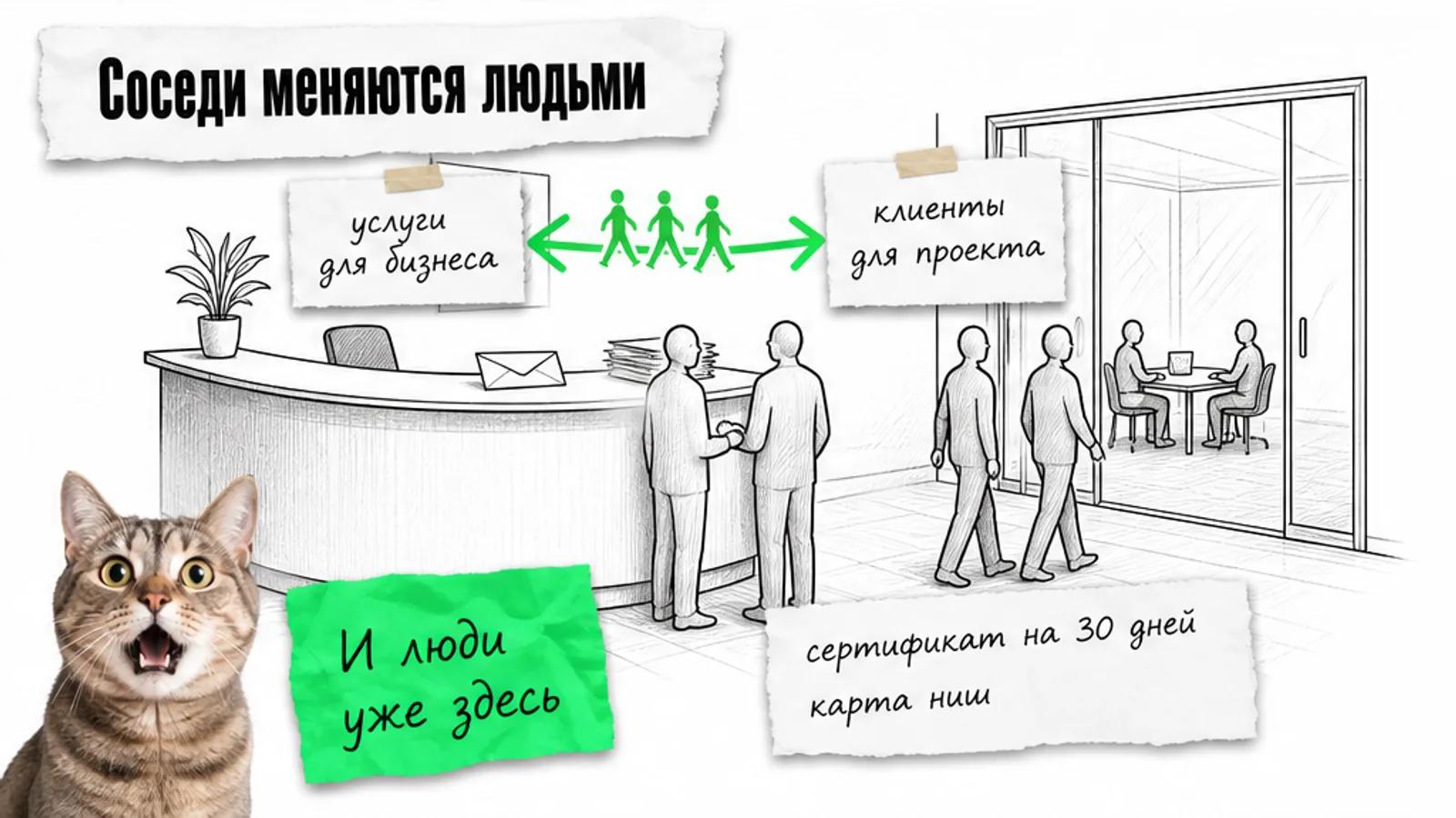Два соседних бизнеса обмениваются потоком людей через зелёную стрелку, рядом удивлённый кот.