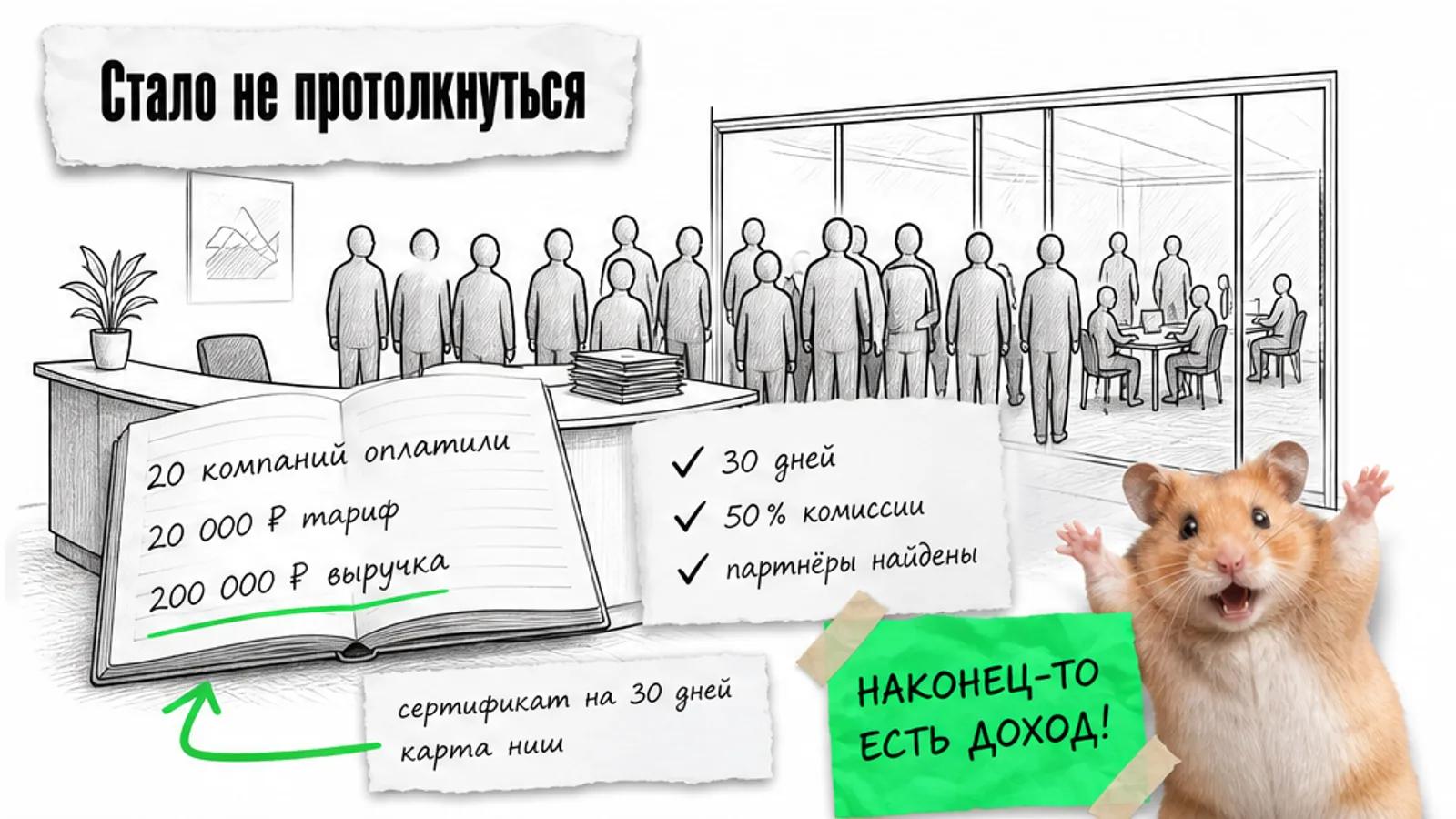 Тот же ресепшен заполнен множеством людей, рядом хомяк празднует результат и числа выручки.