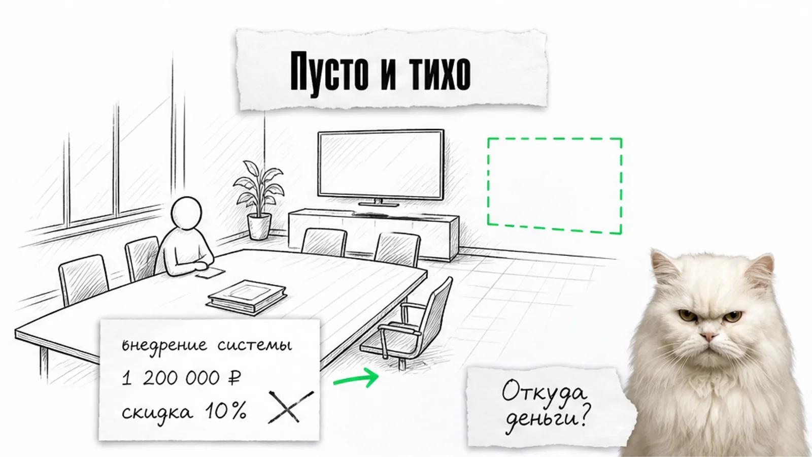 Пустой кабинет интегратора с одним клиентом у стола и котом со скептическим взглядом.