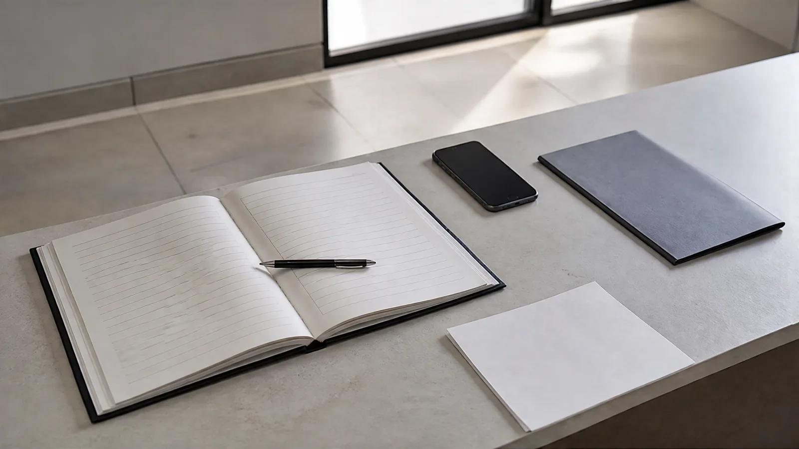 Стойка у входа в юридический кабинет с раскрытым журналом, папкой и телефоном экраном вниз.