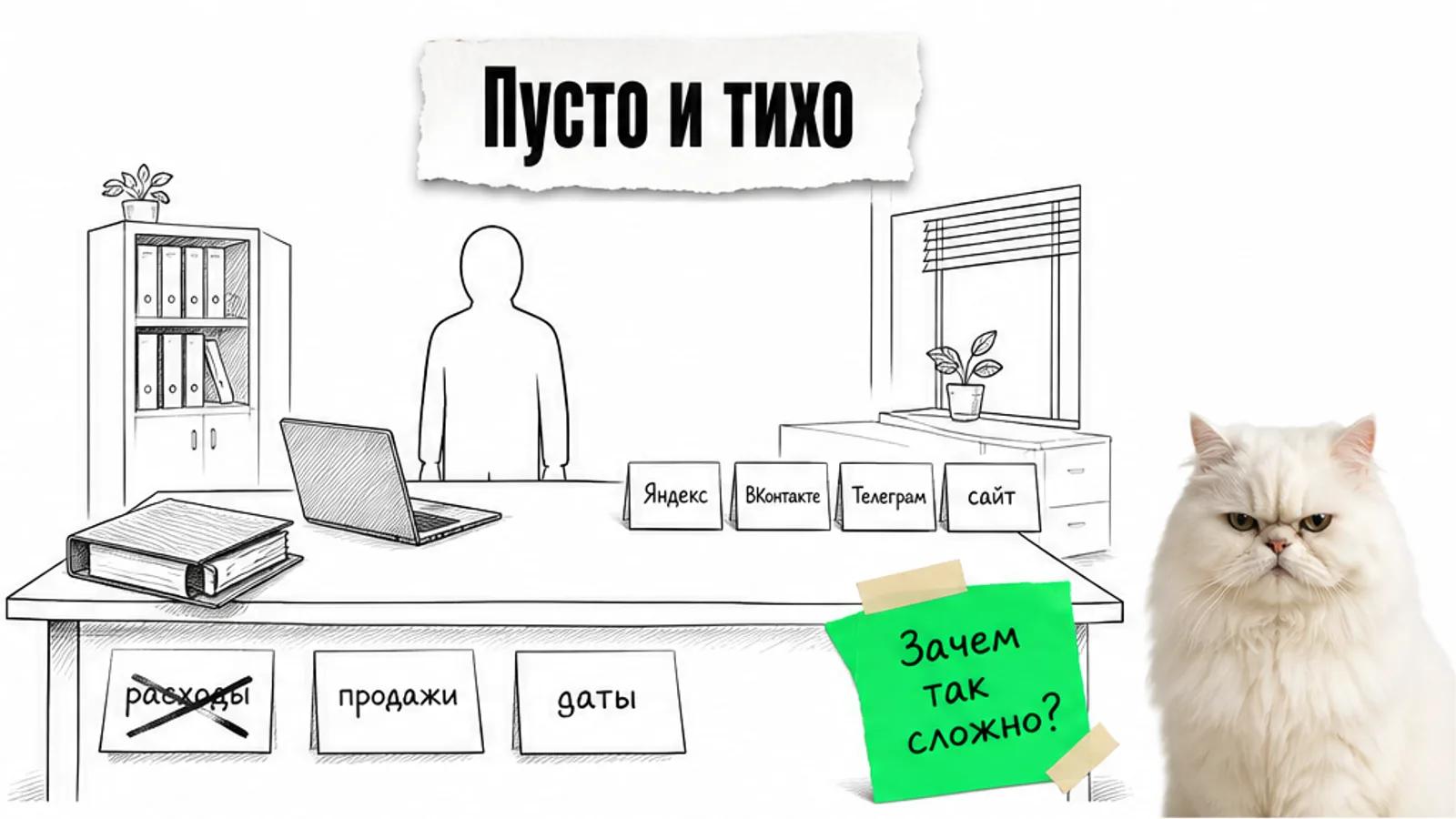 Пустой офис со счетами и одинокой таблицей расходов, рядом скептичный кот.