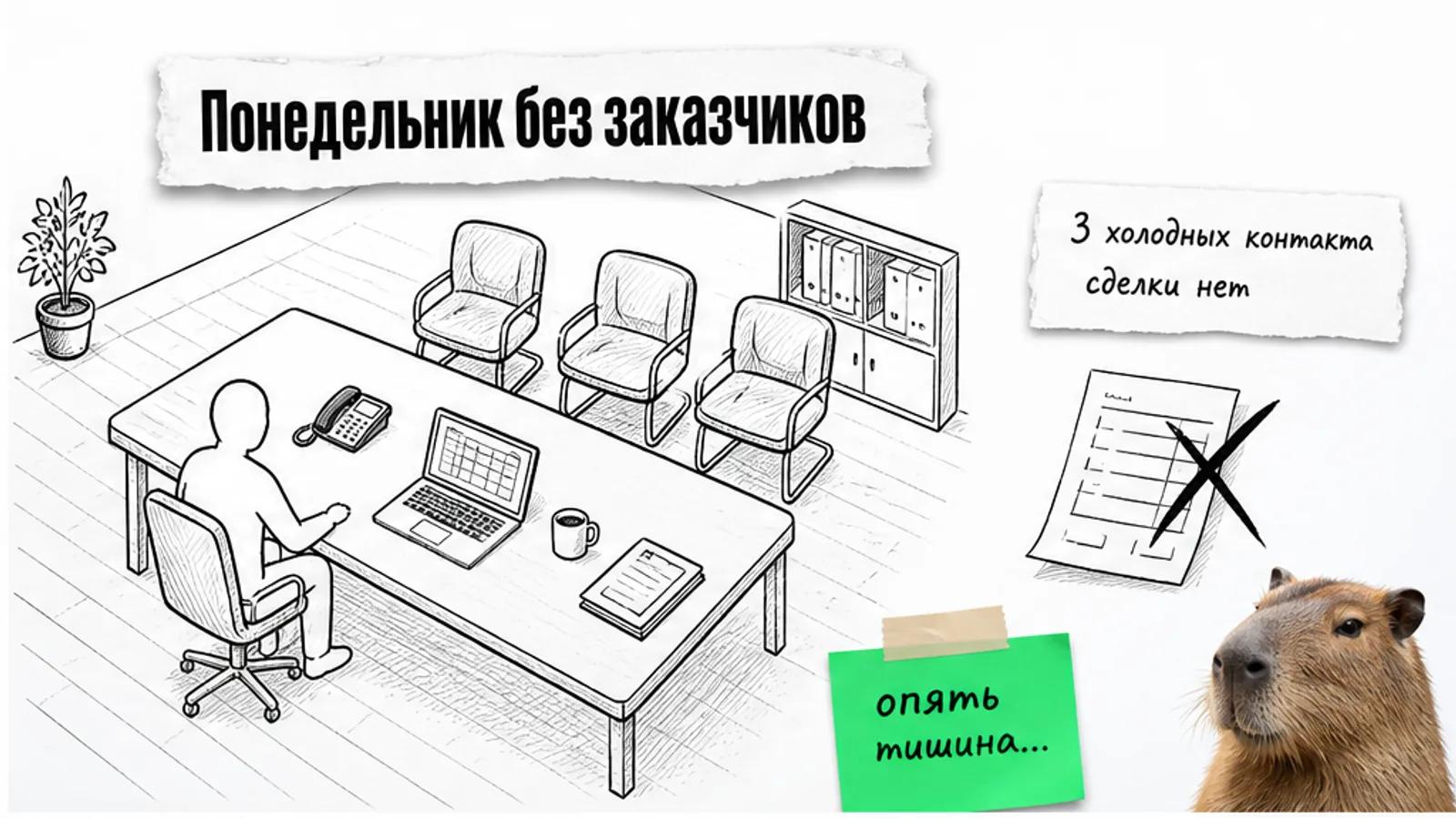 Пустой рабочий стол интегратора, телефон и три контакта в таблице; рядом невозмутимая капибара.