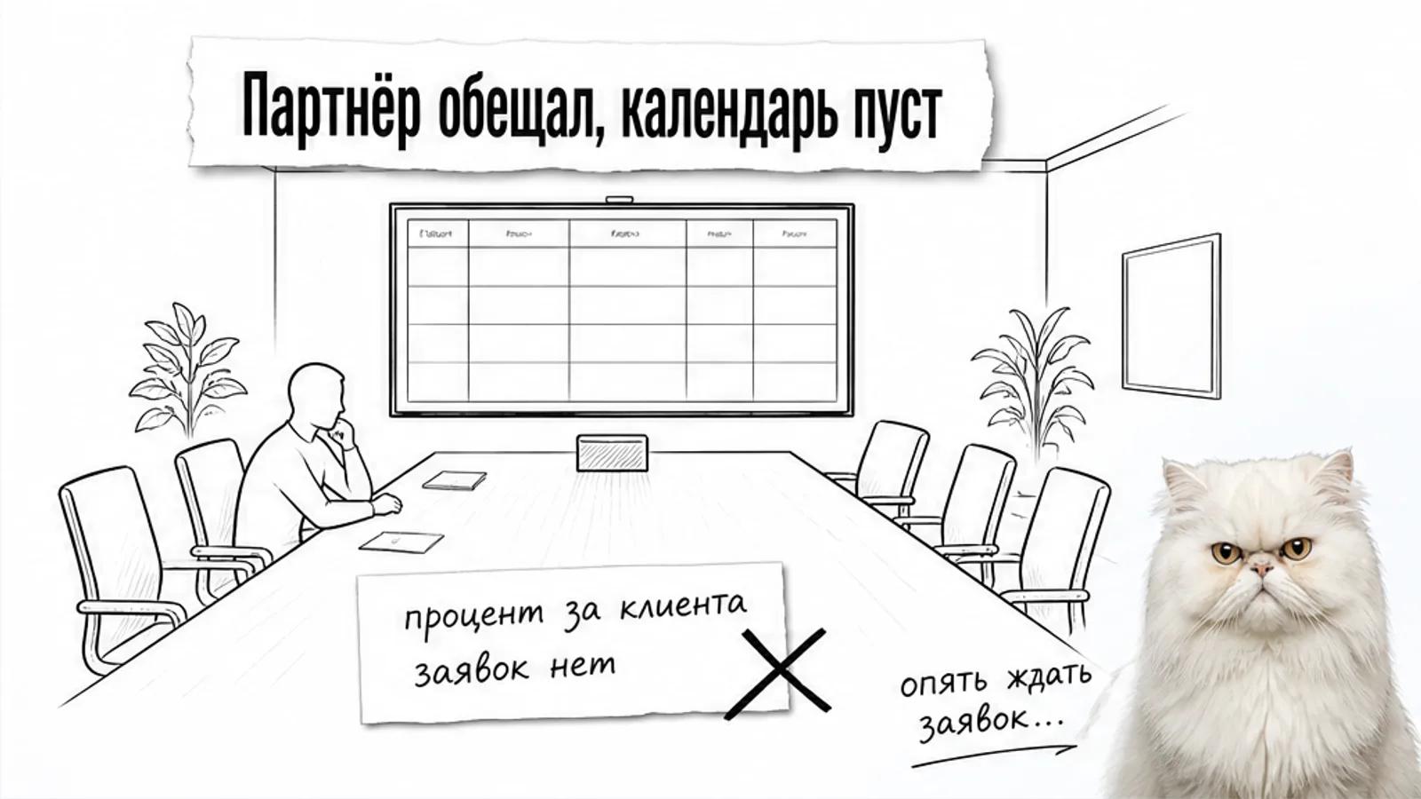 В пустой комнате для отчётов один менеджер видит незаполненный календарь; рядом скептичный кот.