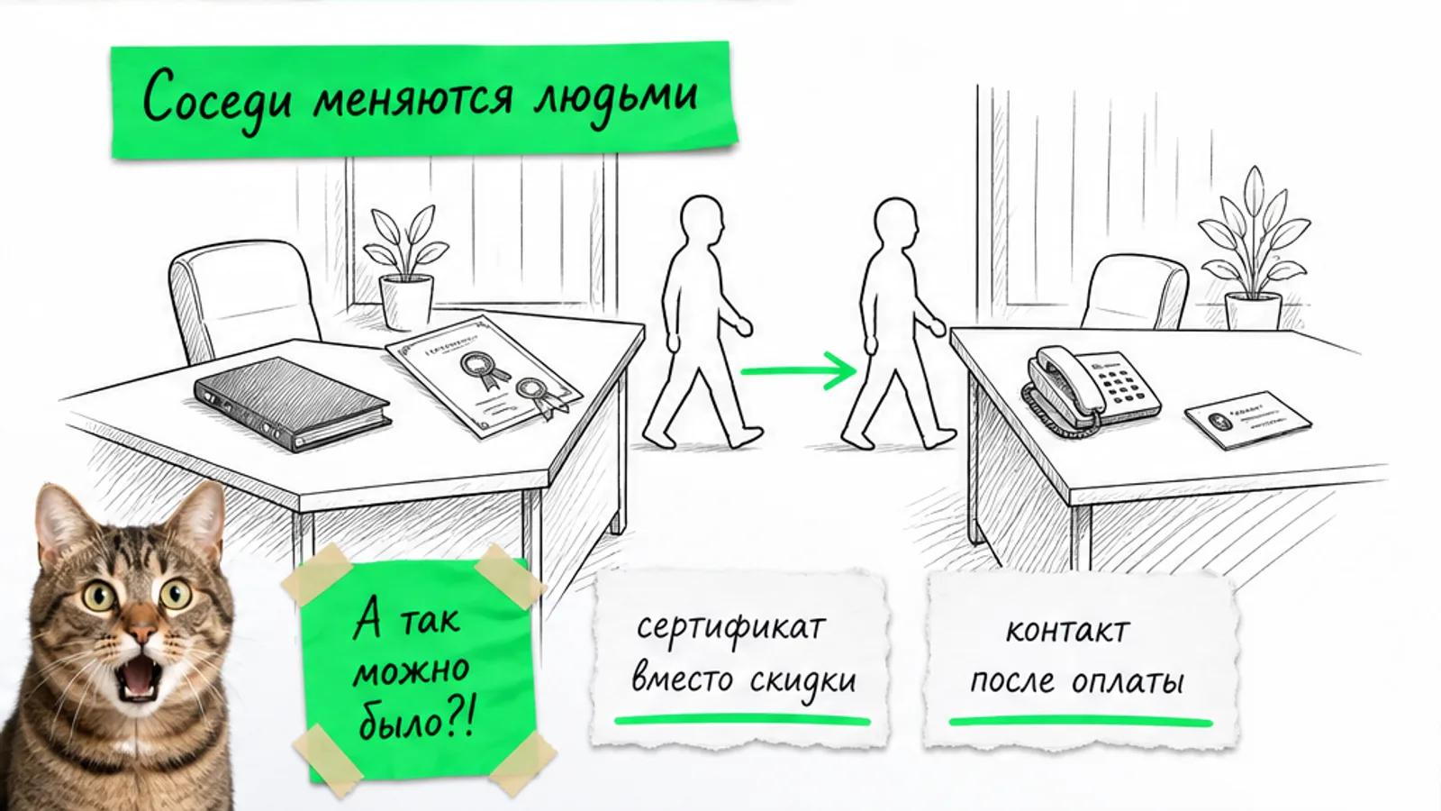 Агентство и сервис аудита обмениваются клиентом по зелёной стрелке, рядом удивлённый кот.