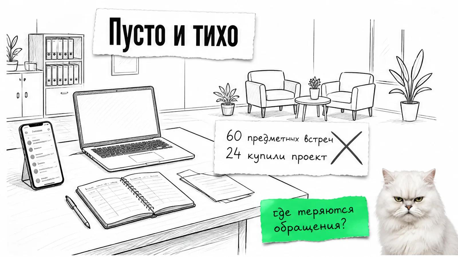 Почти пустой рабочий кабинет с телефоном, ноутбуком и журналом обращений, рядом скептичный кот.